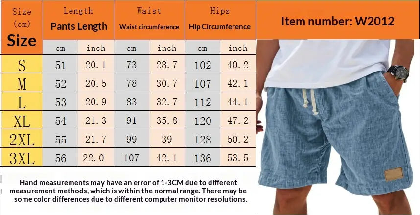 Blue denim men linen holiday shorts with a drawstring waist and a small brown patch on the lower right leg designed for a retro breathable loose fit.