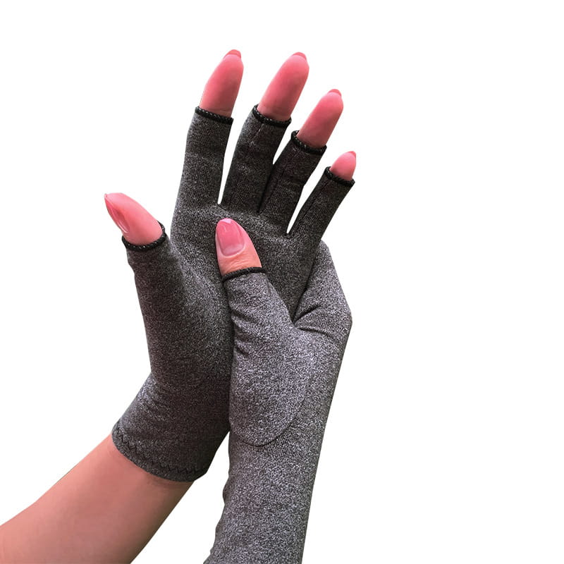 Gray fingerless arthritis compression gloves with black trim made of textured stretchy fabric for fingerless support.
