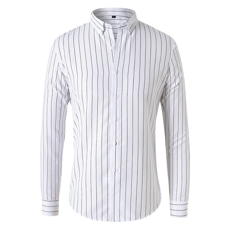 Herren gestreiftes Slim-Fit-Langarm-Freizeithemd in Weiß mit dünnen schwarzen vertikalen Streifen und klassischem Kragen.