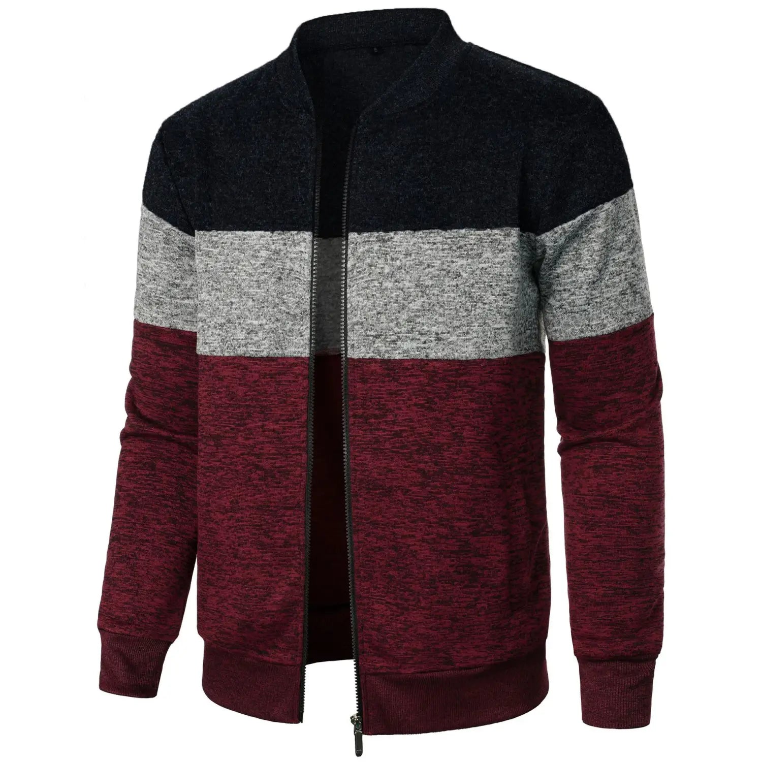 A men’s colorblock knit bomber jacket featuring a zip-up front with black gray and maroon panels in a textured knit material.
