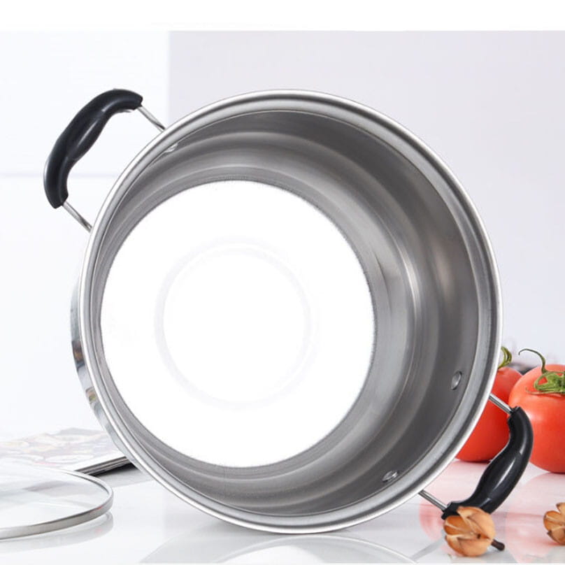 Stainless steel pot with black plastic handles and a matching lid from a stainless steel induction cookware set five pieces.