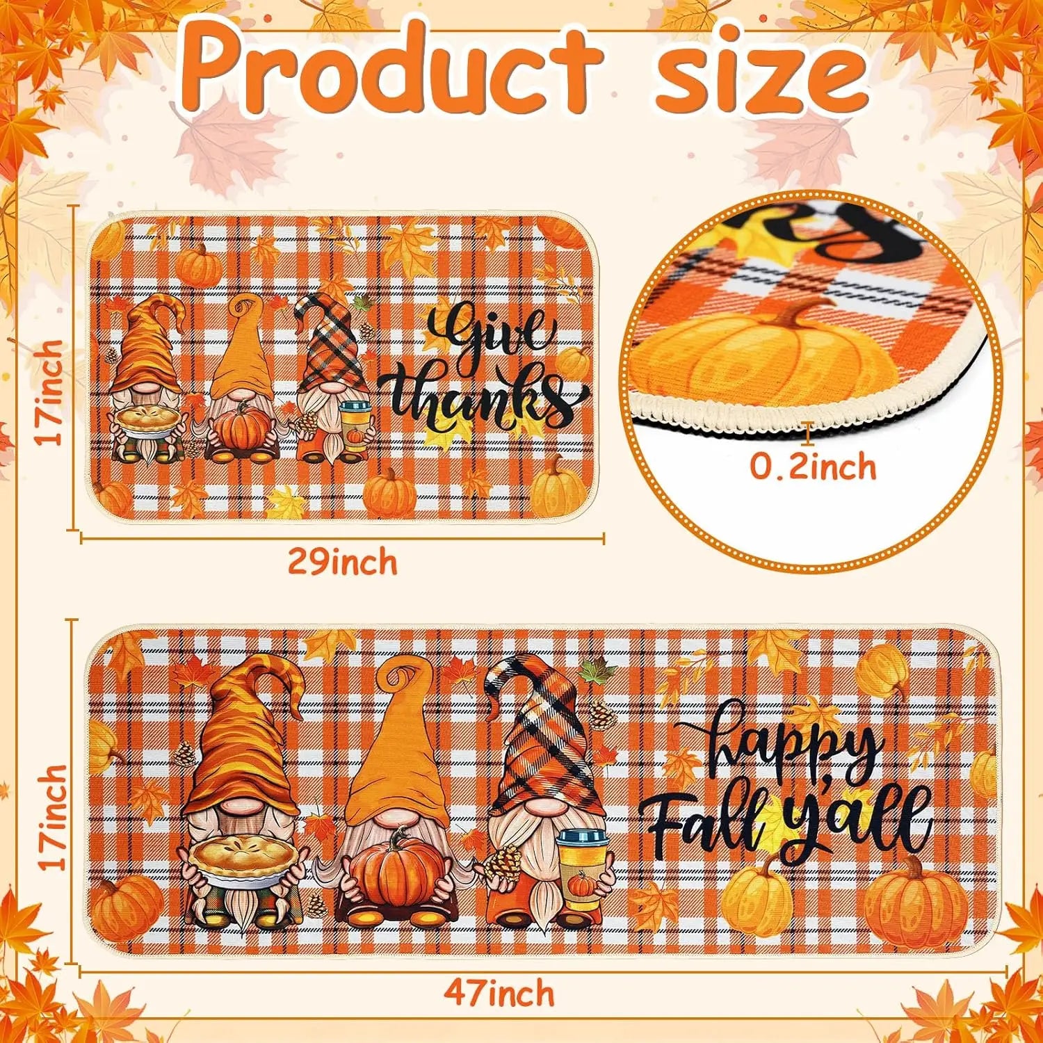 Rechteckige herbstliche Küchenmatte mit drei Cartoon-Zwergen in orangefarbenen Hüten und Karokleidung, die Kürbiskuchen oder ein Getränk halten, vor einem orange-weißen karierten Hintergrund, mit verstreuten Herbstblättern, entworfen für die Verwendung zu Thanksgiving.