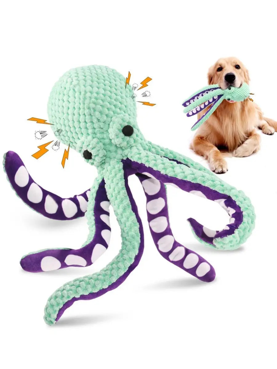 a plush squeaky octopus pet toy in mint green and purple with white circular patterns on its textured fabric tentacles