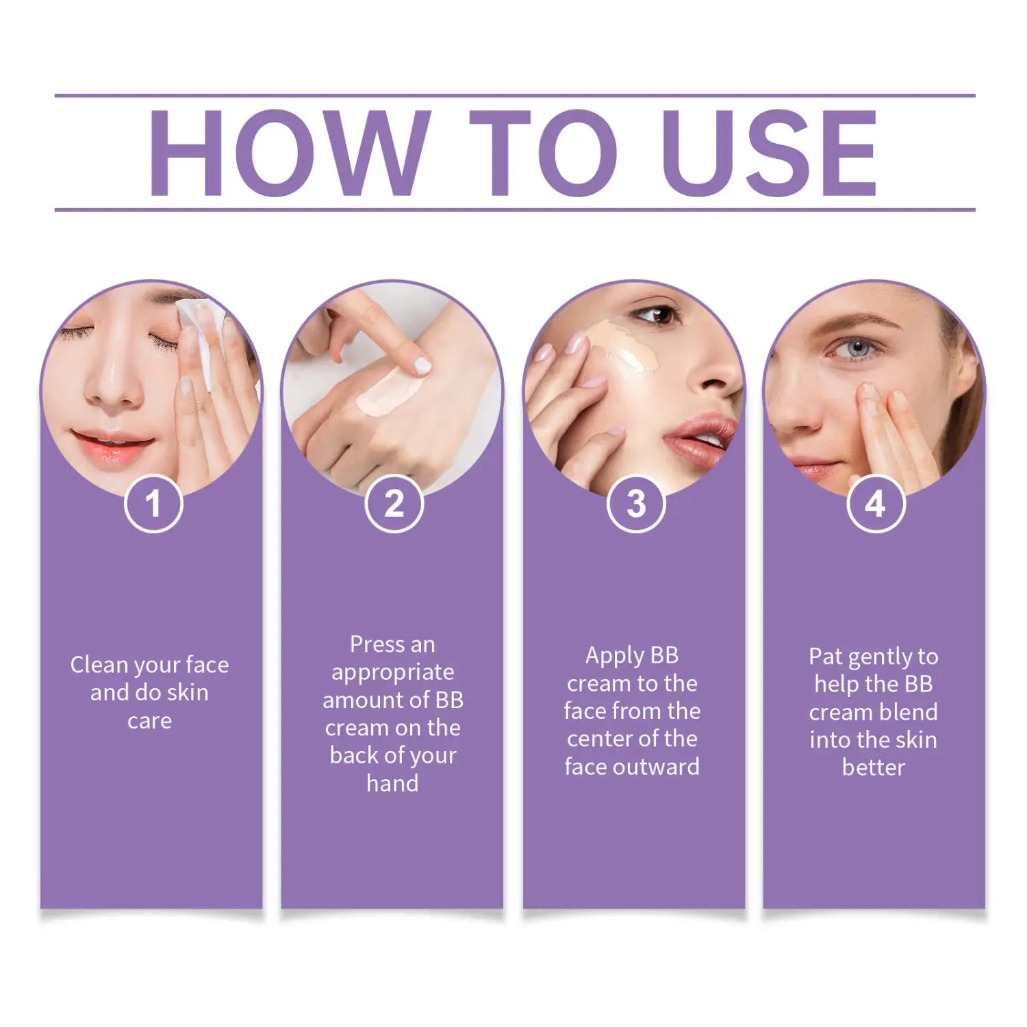 Guide d’instructions violet pour l’application de la bb crème sur la face arrière de la bb crème flawless cover serum hydratante 50 g.