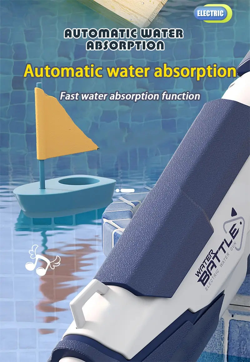 Blue and white electric water absorption device electric water gun automatic glock toy for kids 358ml with water battle branding.
