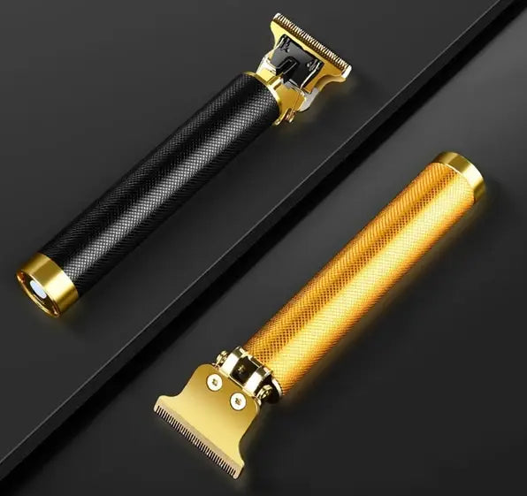 Professioneller kabelloser Haarschneider und Bartschneider in Schwarz und Gold mit strukturierter Griffmulde für präzises Styling.