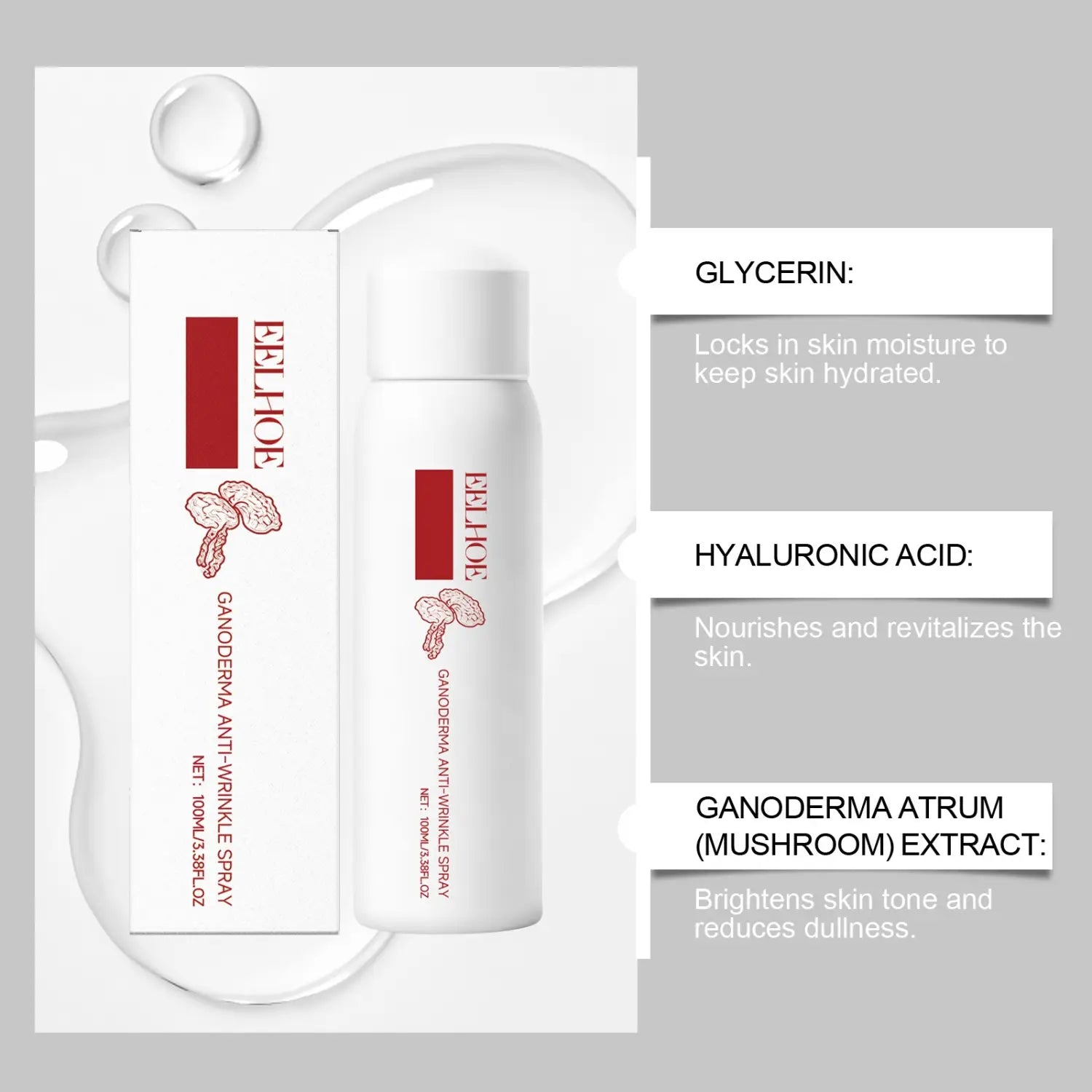 Weiße zylindrische Sprühflasche mit rotem feilhoe Ganoderma-Branding und Pilzillustrationen, beschriftet als „Ganoderma Anti-Falten-Spray 100 ml“ festigende Lotion zur Pflege der Haut.