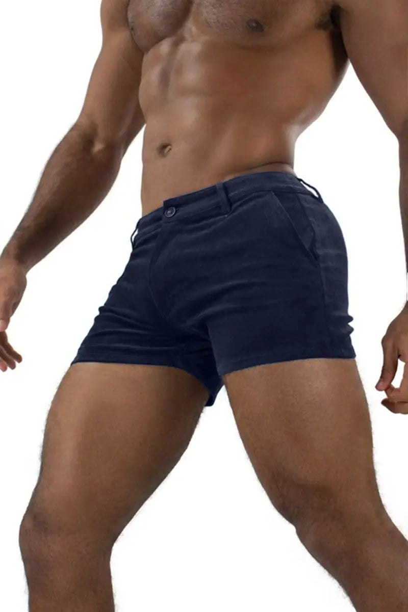 Navy blue men corduroy beach shorts with a textured fabric, button closure, and side pockets designed for casual mid rise wear.