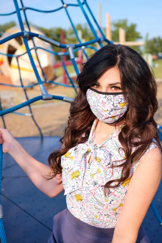 Celestial and math reversible cotton pleated face mask white with colorful mathematical symbols and black trim