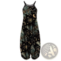 Black sleeveless plus size jumpsuit with celestial and butterfly patterns in teal gold and white accents