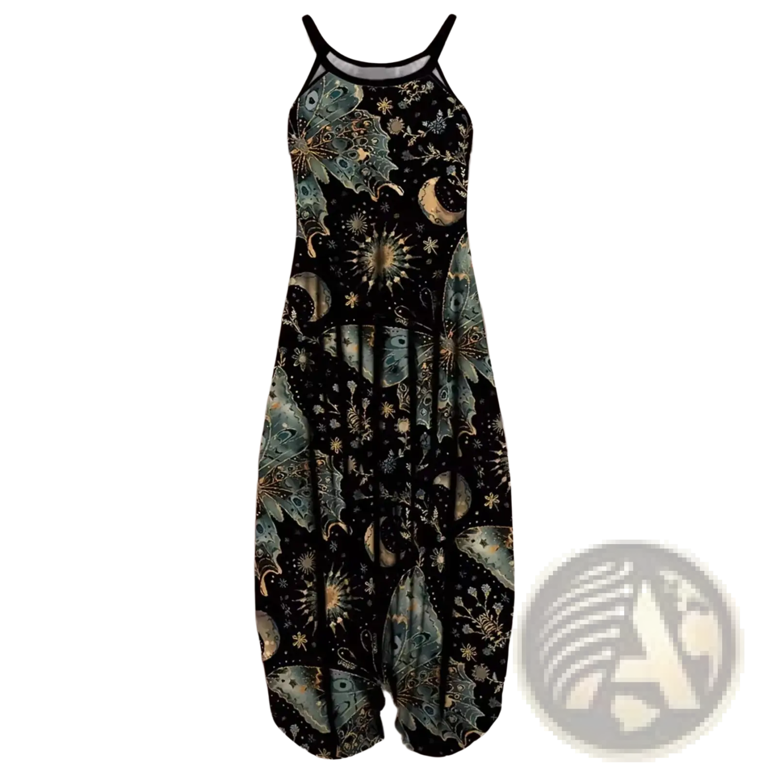Black sleeveless plus size jumpsuit with celestial and butterfly patterns in teal gold and white accents