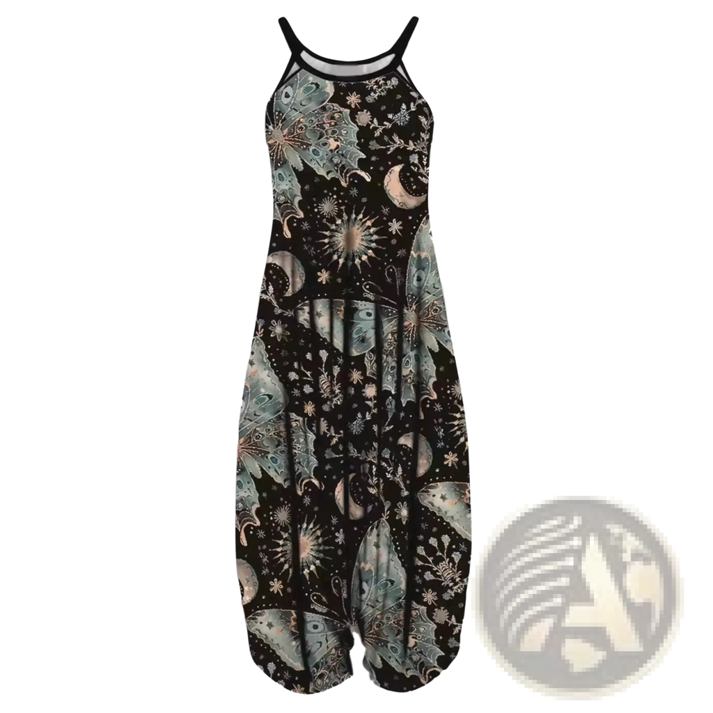 A black sleeveless plus size jumpsuit with thin straps and a celestial butterfly moon star print in muted teal pink and silver