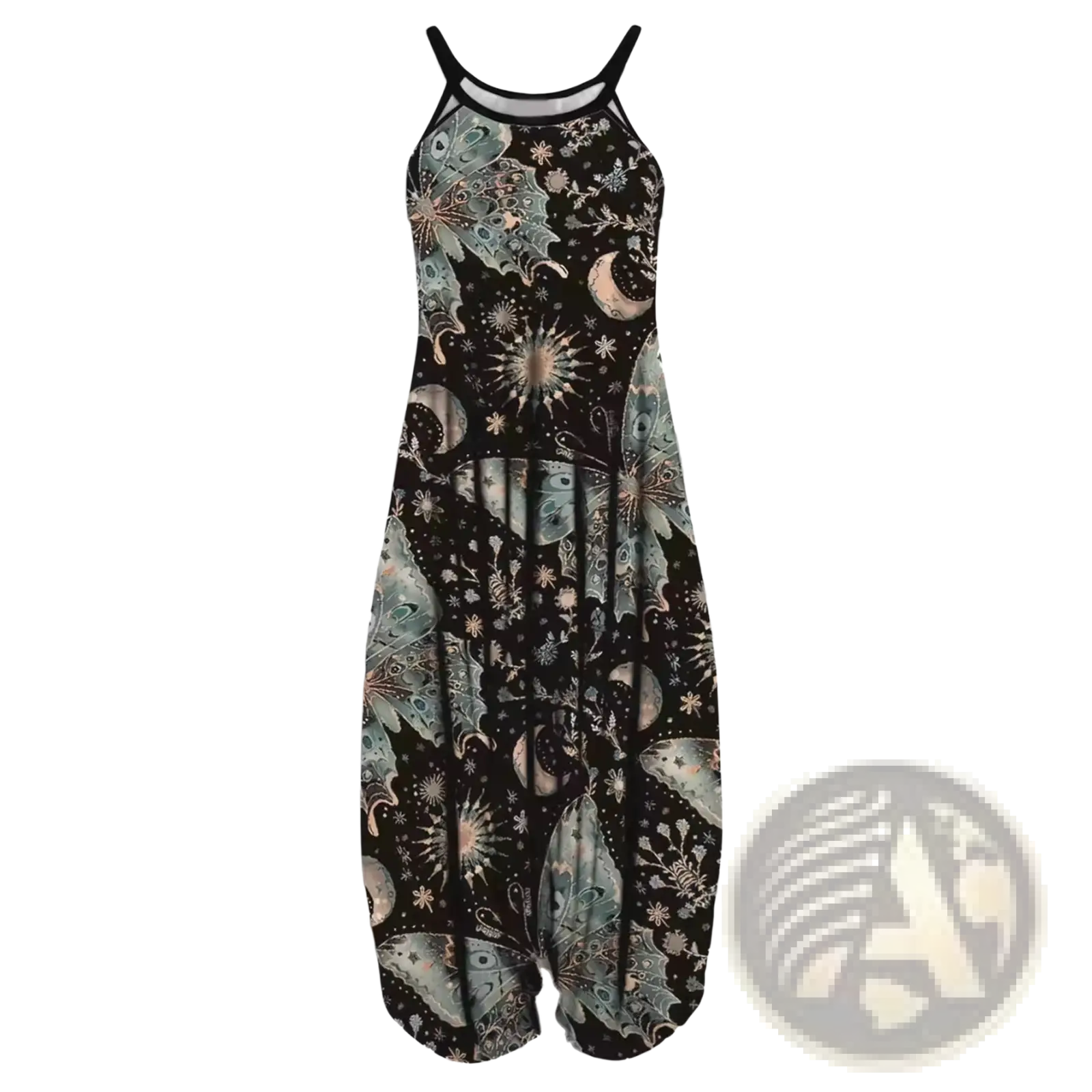 A black sleeveless plus size jumpsuit with thin straps and a celestial butterfly moon star print in muted teal pink and silver