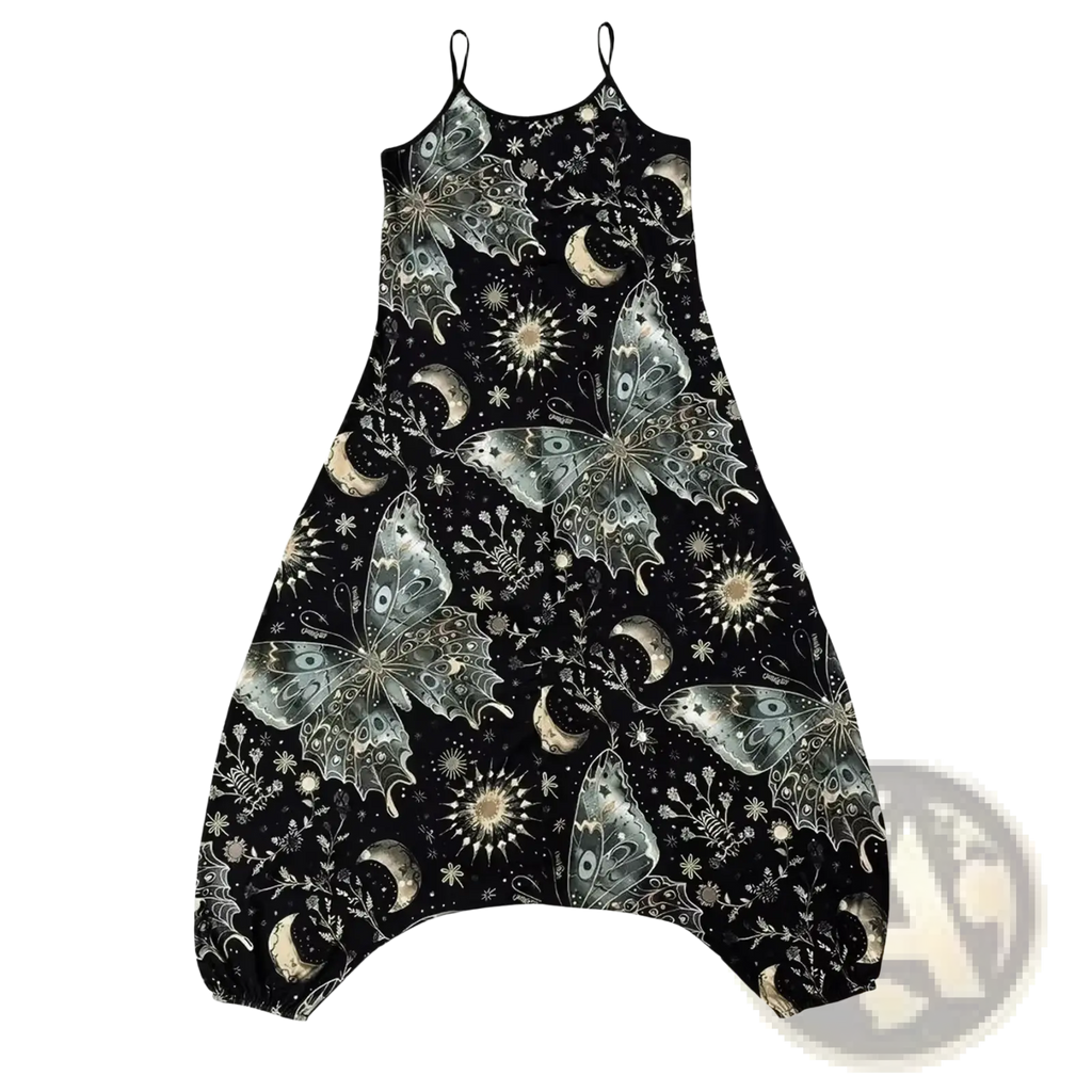 Celestial print loose strap jumpsuit plus size in black harem pants style with silver and gold butterfly moon star motifs
