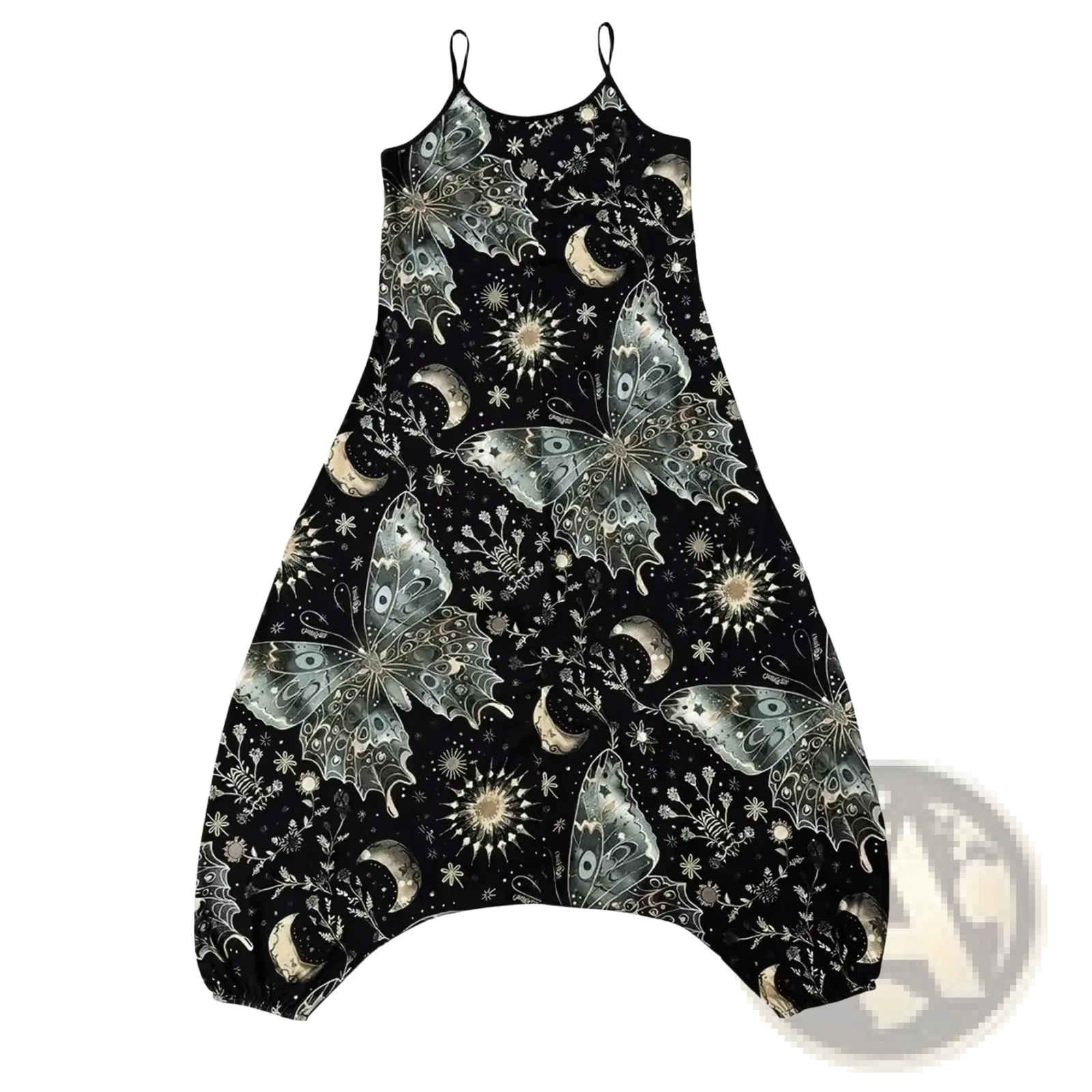 Celestial print loose strap jumpsuit plus size in black harem pants style with silver and gold butterfly moon star motifs