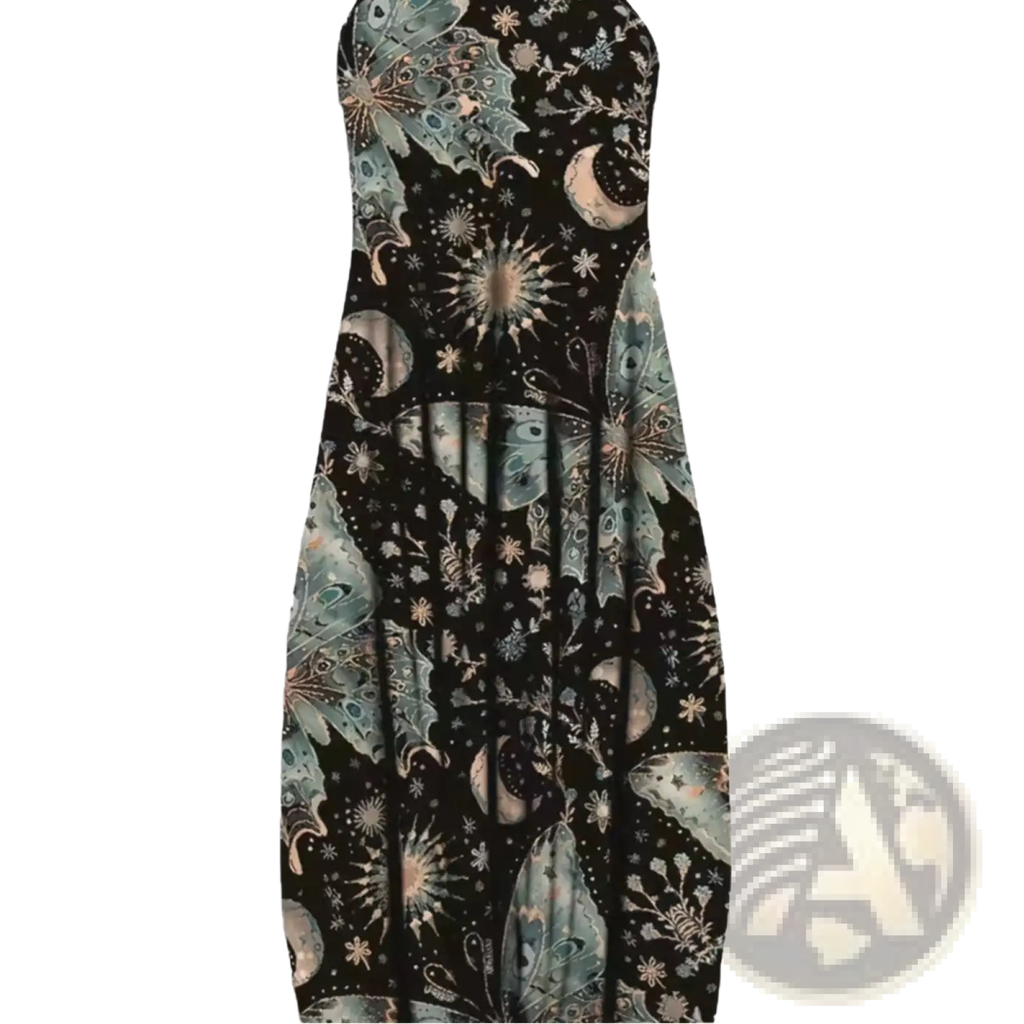 A black strapless plus size maxi dress with loose fit and teal gold celestial butterfly moon star floral prints