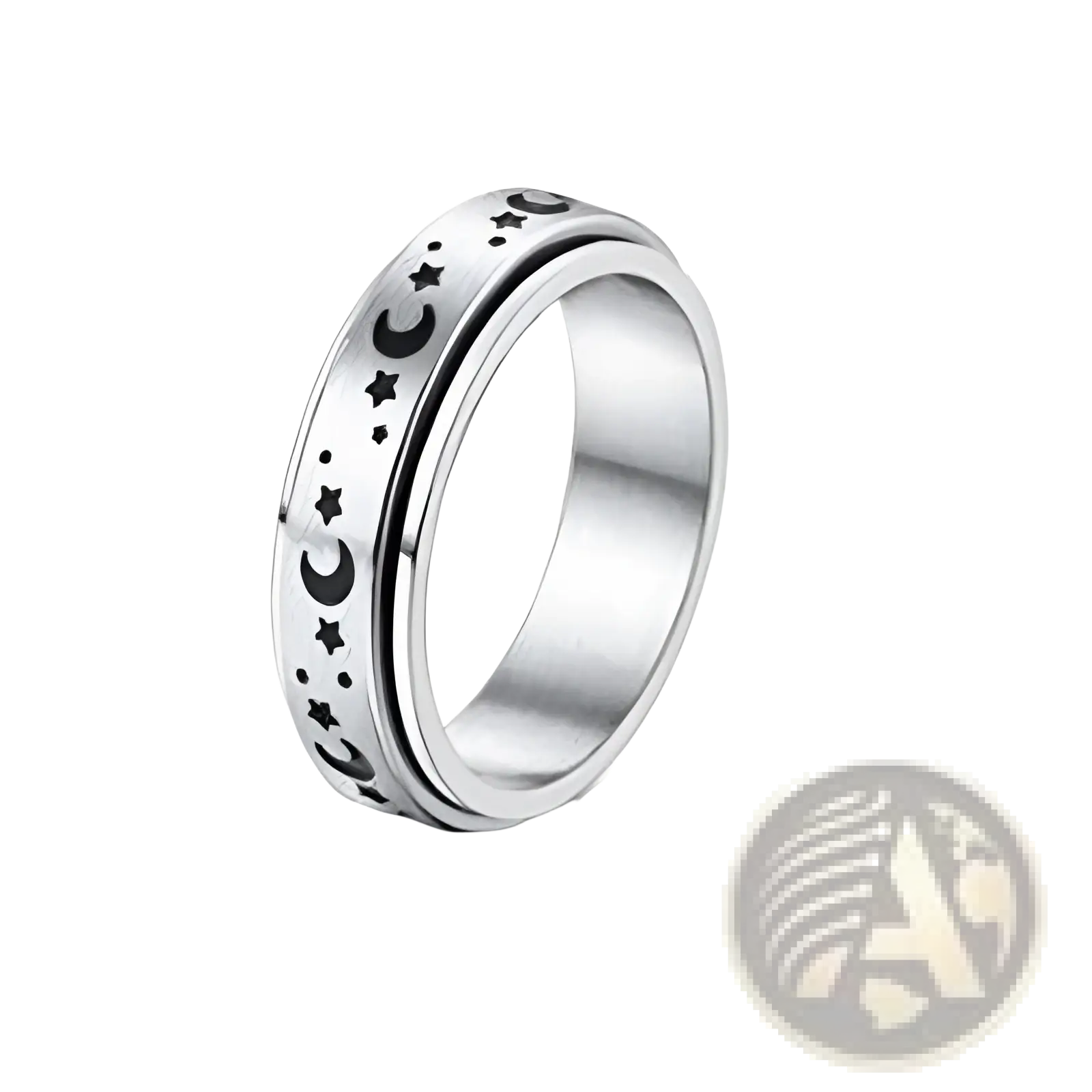 Silver-toned stainless steel anxiety spinner ring with engraved black crescent moons and stars celestial pattern