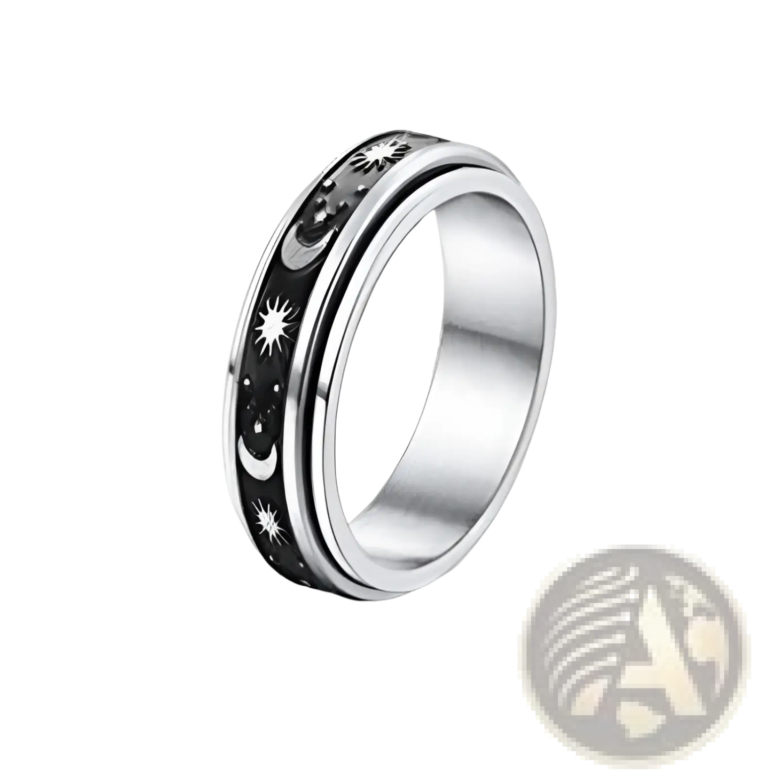 Silver-toned celestial stainless steel anxiety spinner ring with black inlay embossed with crescent moons and starbursts