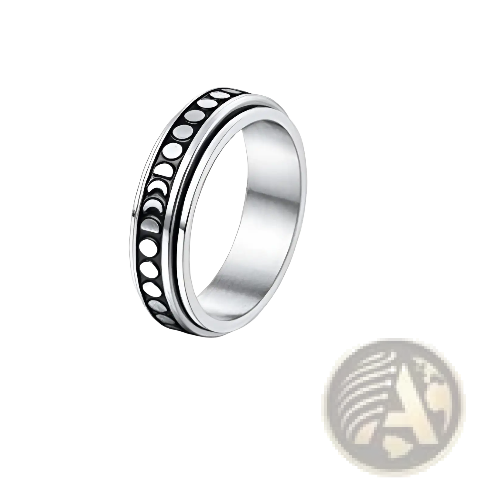 Silver stainless steel anxiety spinner ring with black inlay featuring detailed moon phase celestial designs
