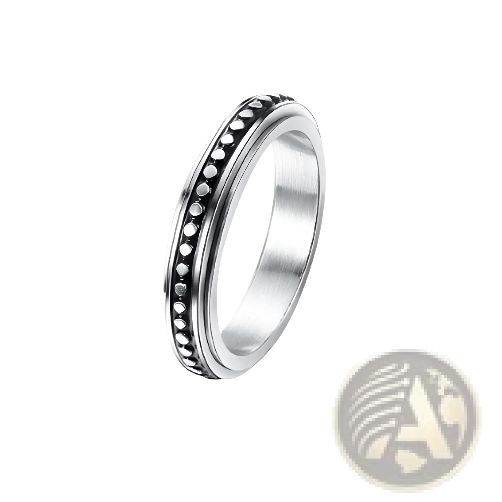Silver stainless steel Celestial anxiety spinner ring with polished finish and intricate black bead edge detailing