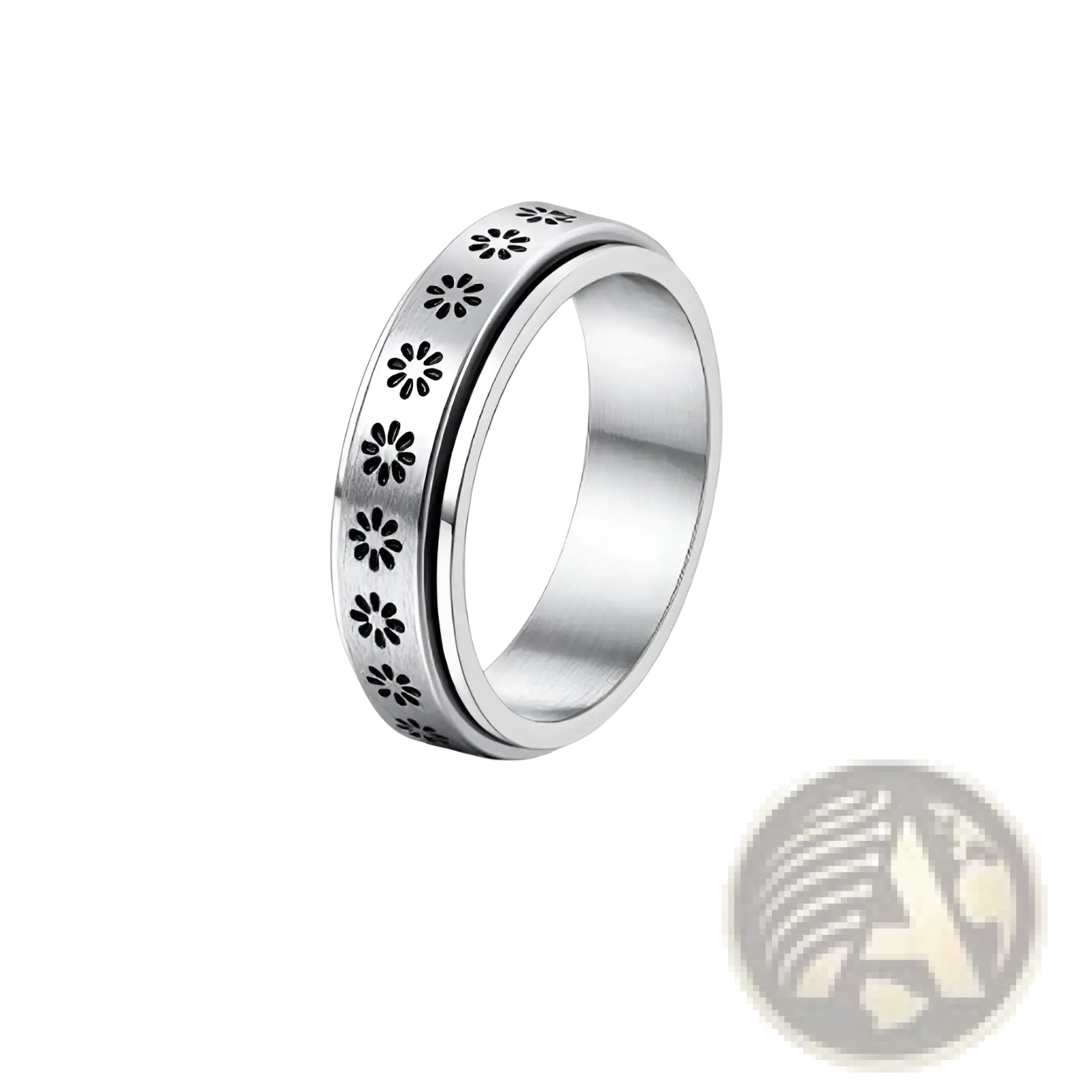 Silver stainless steel anxiety spinner ring with black floral cutout patterns from the celestial ring set