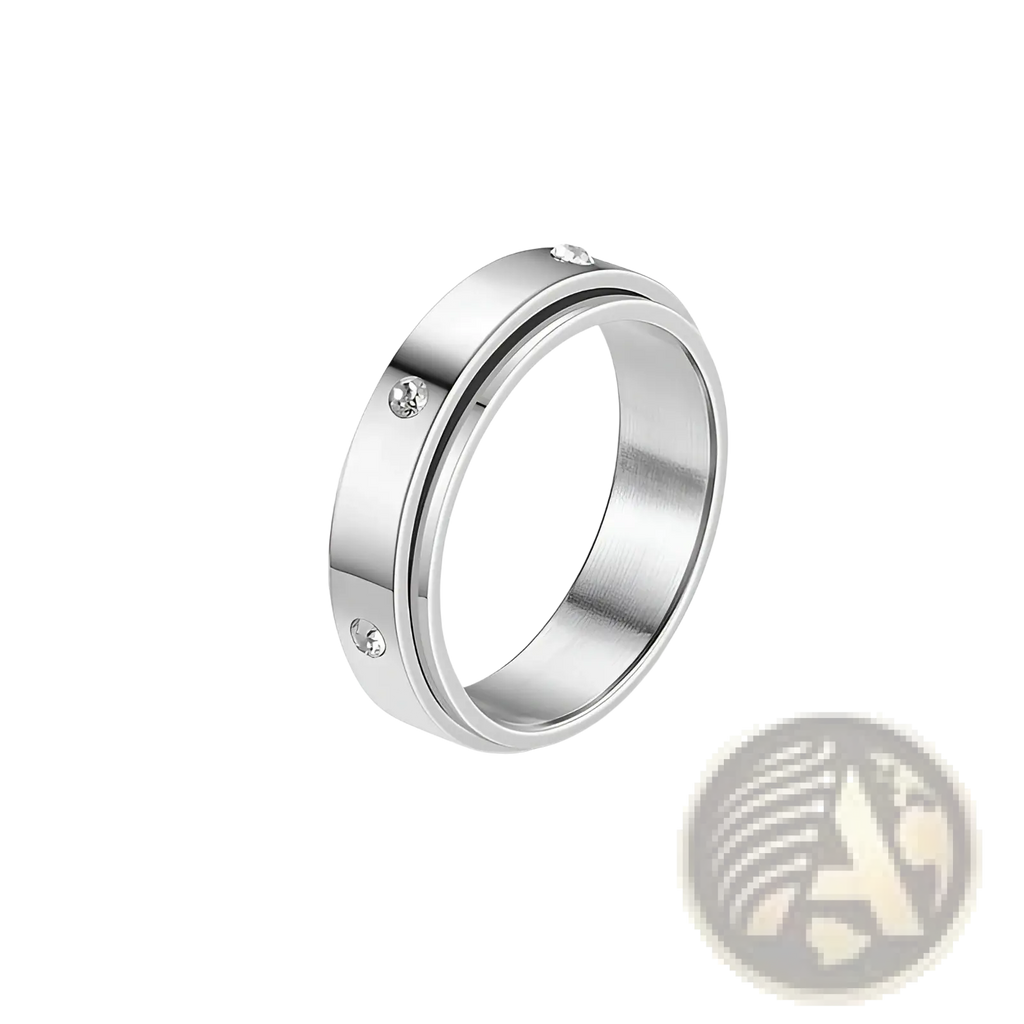 Silver stainless steel celestial anxiety spinner ring with three clear crystal accents and smooth finish