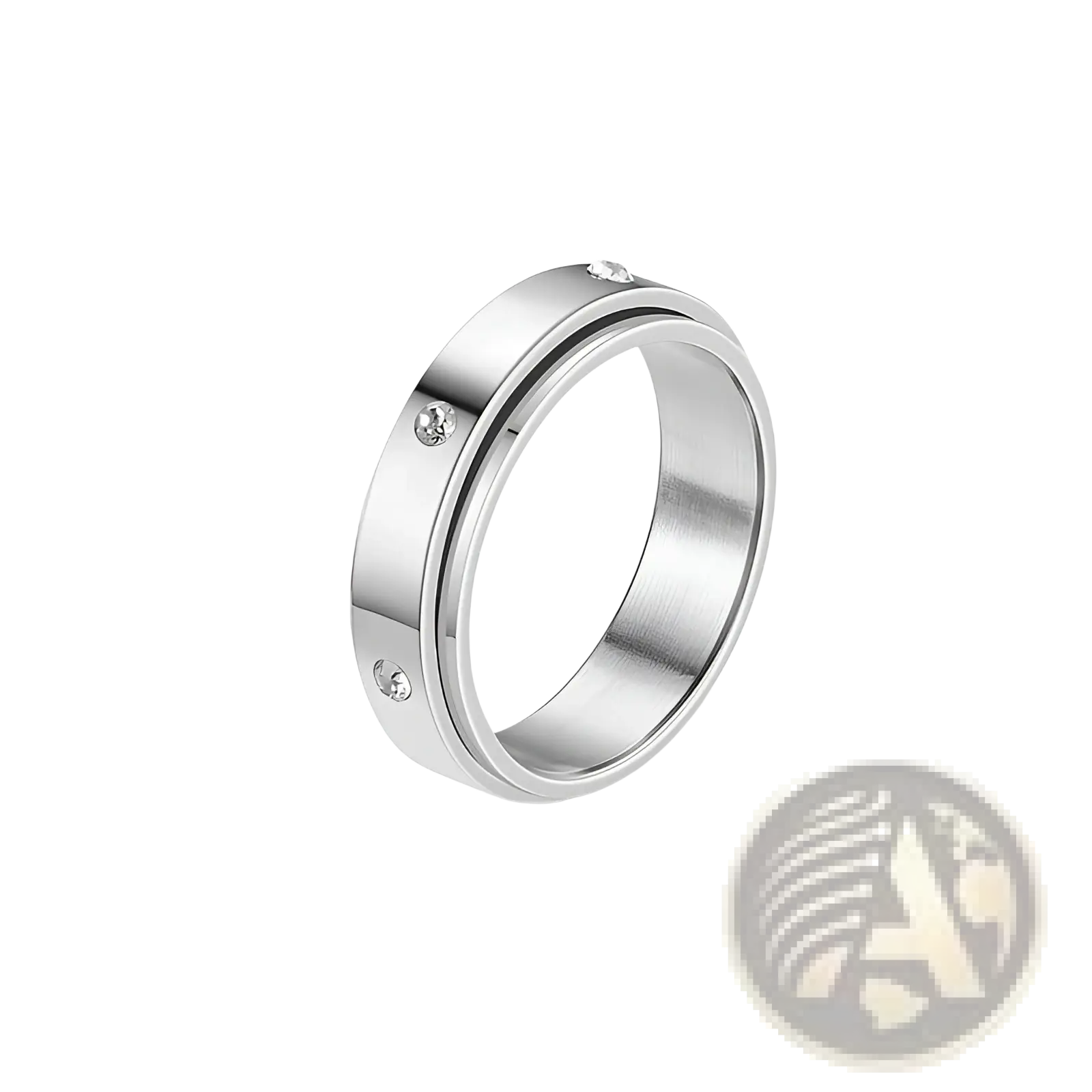 Silver stainless steel celestial anxiety spinner ring with three clear crystal accents and smooth finish