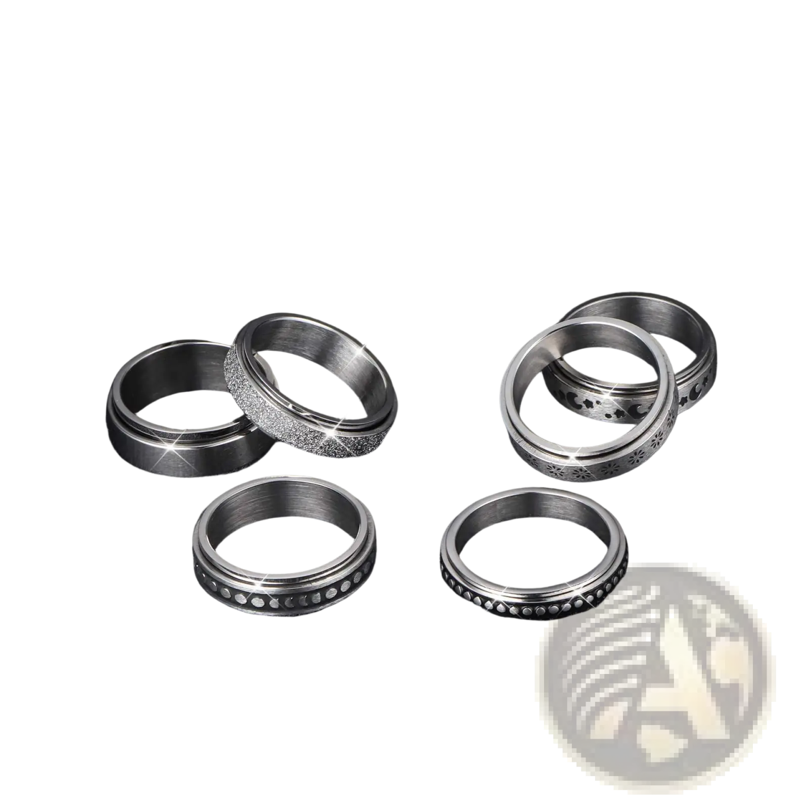Set of six silver-toned stainless steel celestial anxiety spinner rings with glitter dots and engraved designs