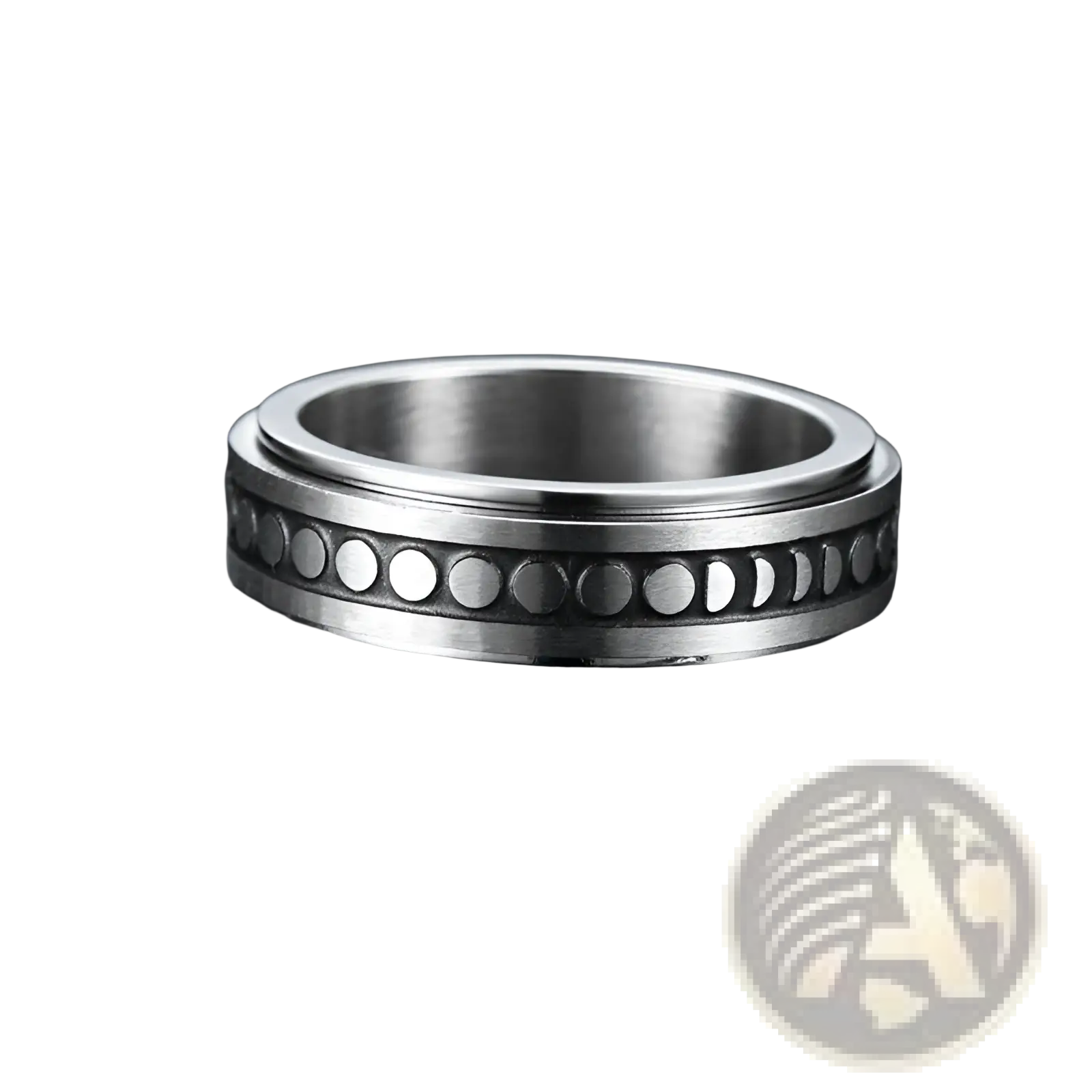 A sleek silver stainless steel celestial anxiety spinner ring with engraved moon phase patterns on the band