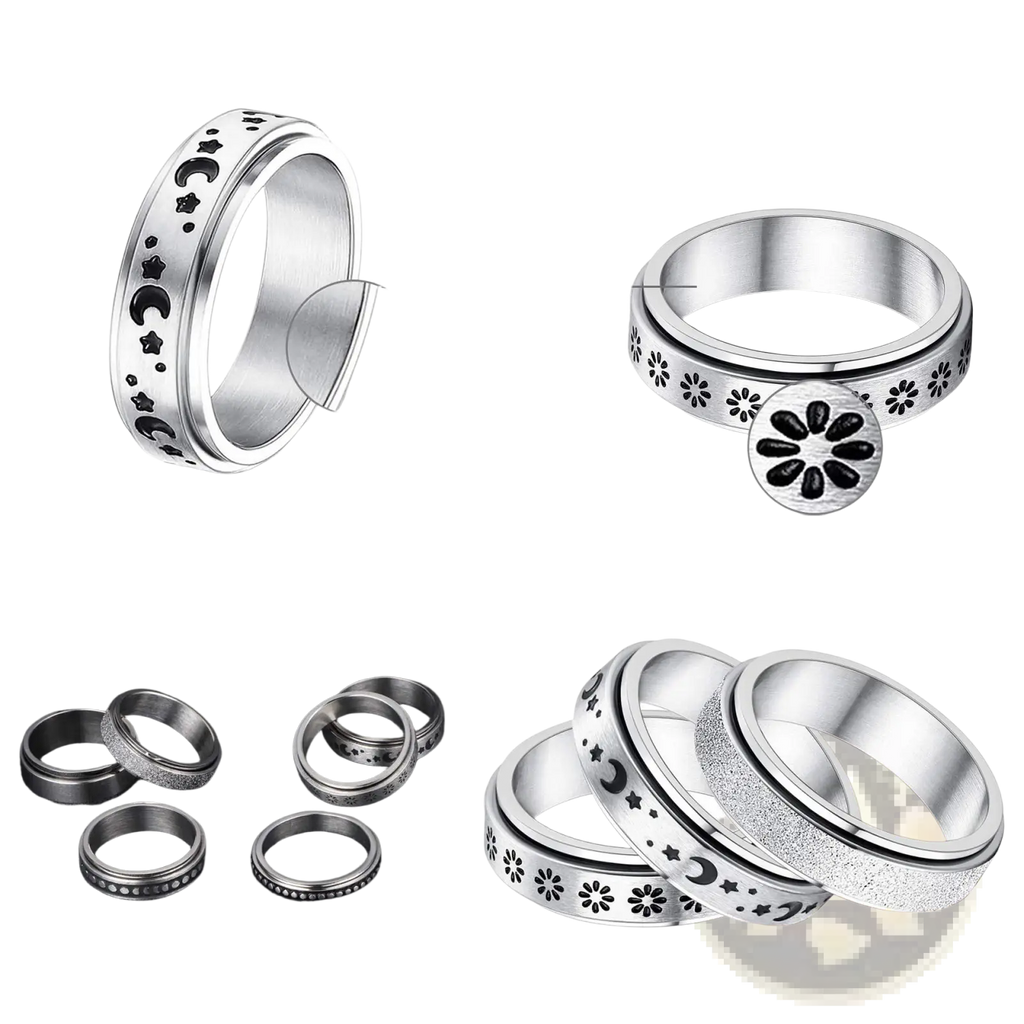 Silver stainless steel spinner ring with engraved moon star and flower patterns for anxiety relief