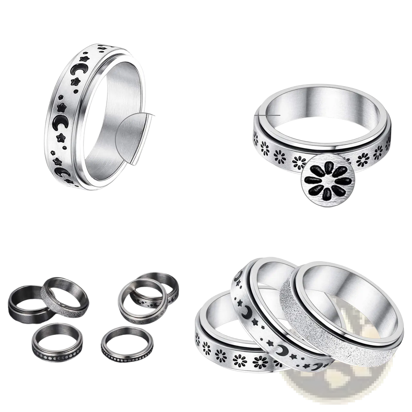 Silver stainless steel spinner ring with engraved moon star and flower patterns for anxiety relief