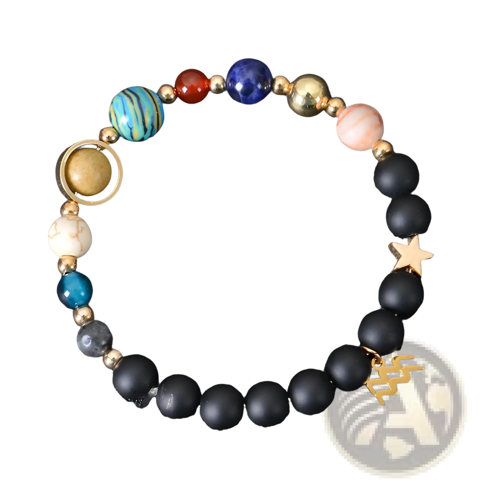 Celestial zodiac planet matte stone beaded bracelet with black matte beads colorful gemstones and gold star charm