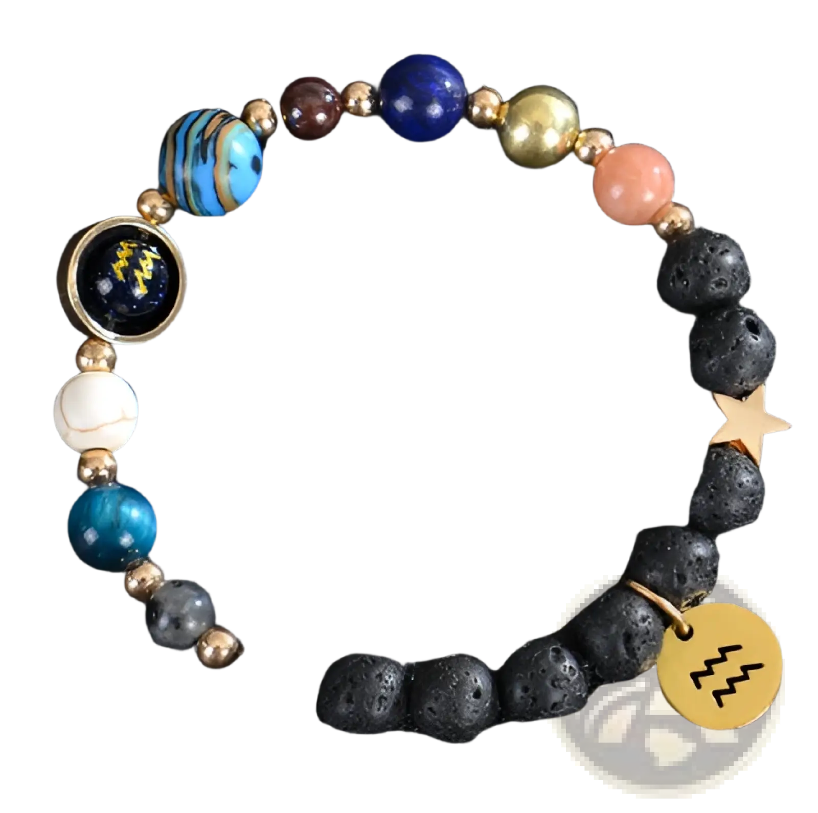 A colorful celestial zodiac planet matte stone beaded bracelet with blue gold black beads and aquarius charm