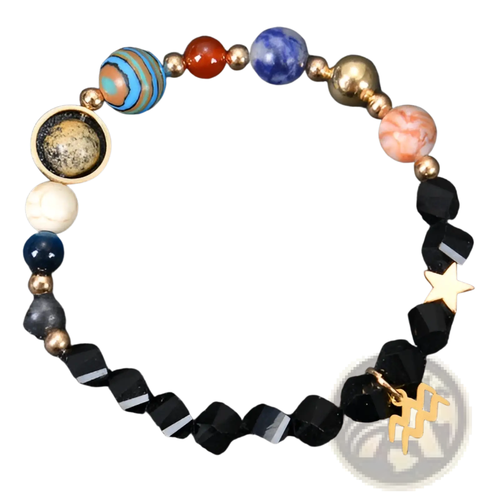 Celestial zodiac planet matte stone beaded bracelet with black faceted beads and colorful planet charms including blue and gold globe
