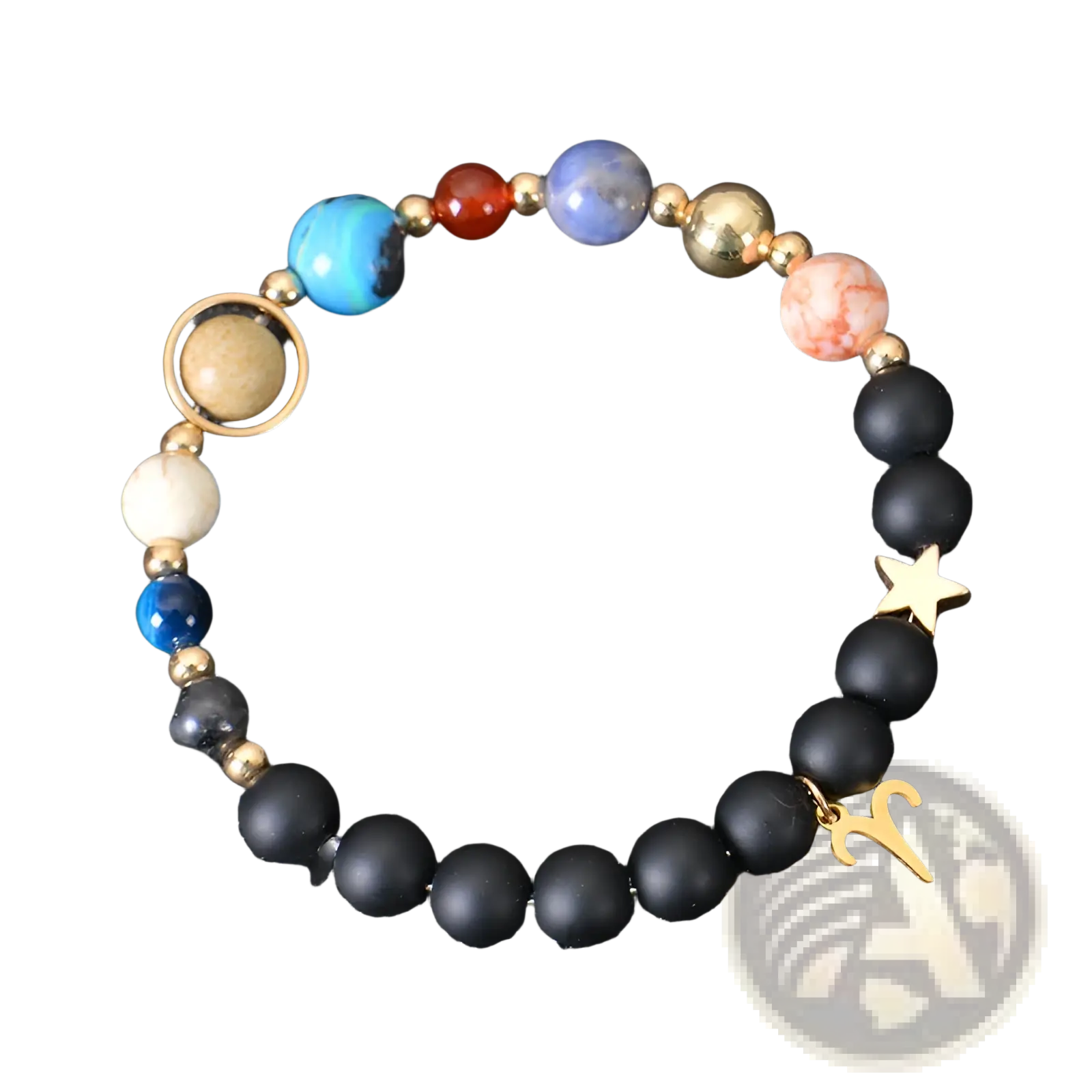 A celestial zodiac planet matte stone beaded bracelet with matte black beads colorful gemstones and gold aries charms