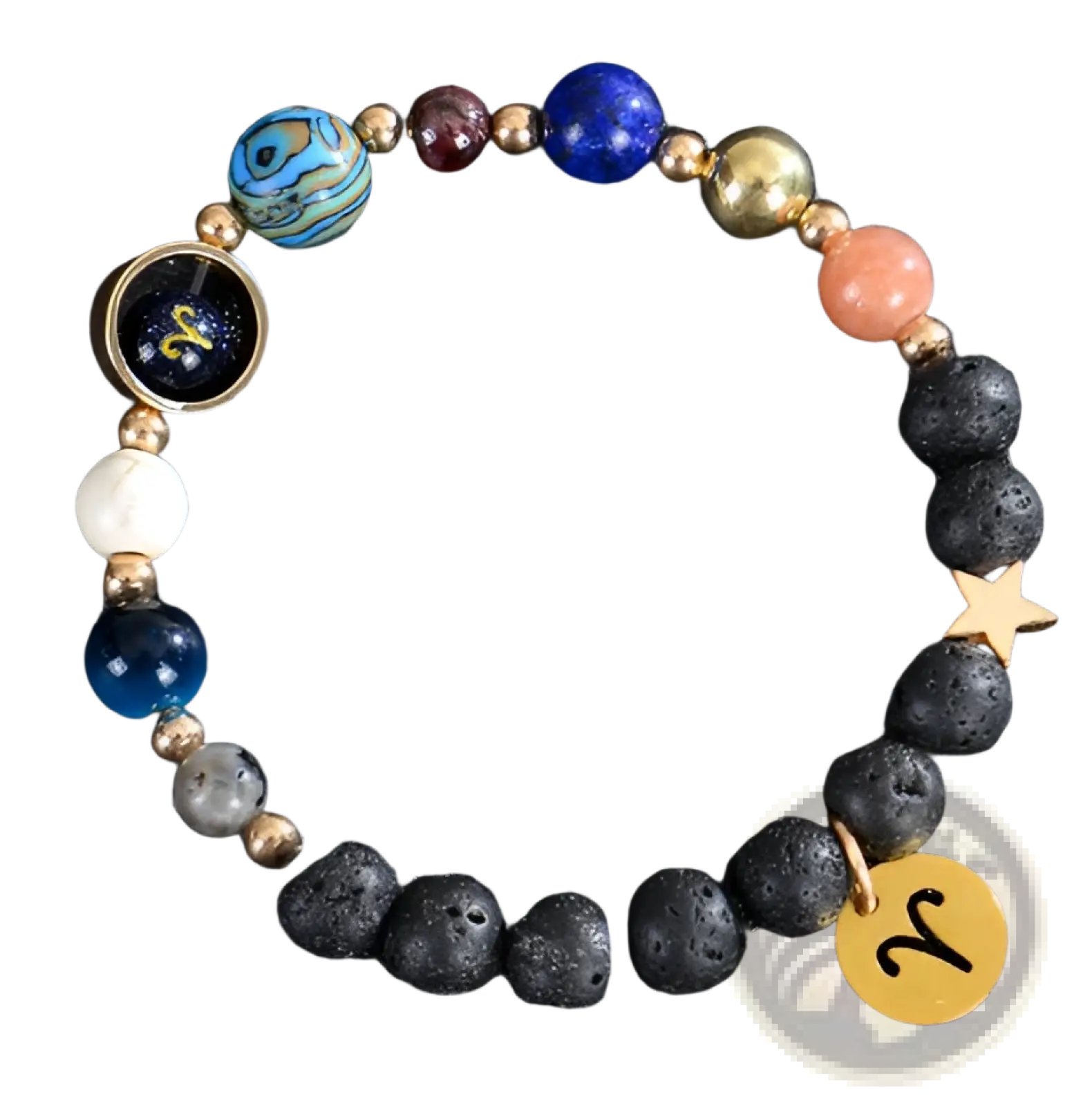 Celestial zodiac planet matte stone beaded bracelet with aries symbol featuring colorful beads blue gold and black lava rock