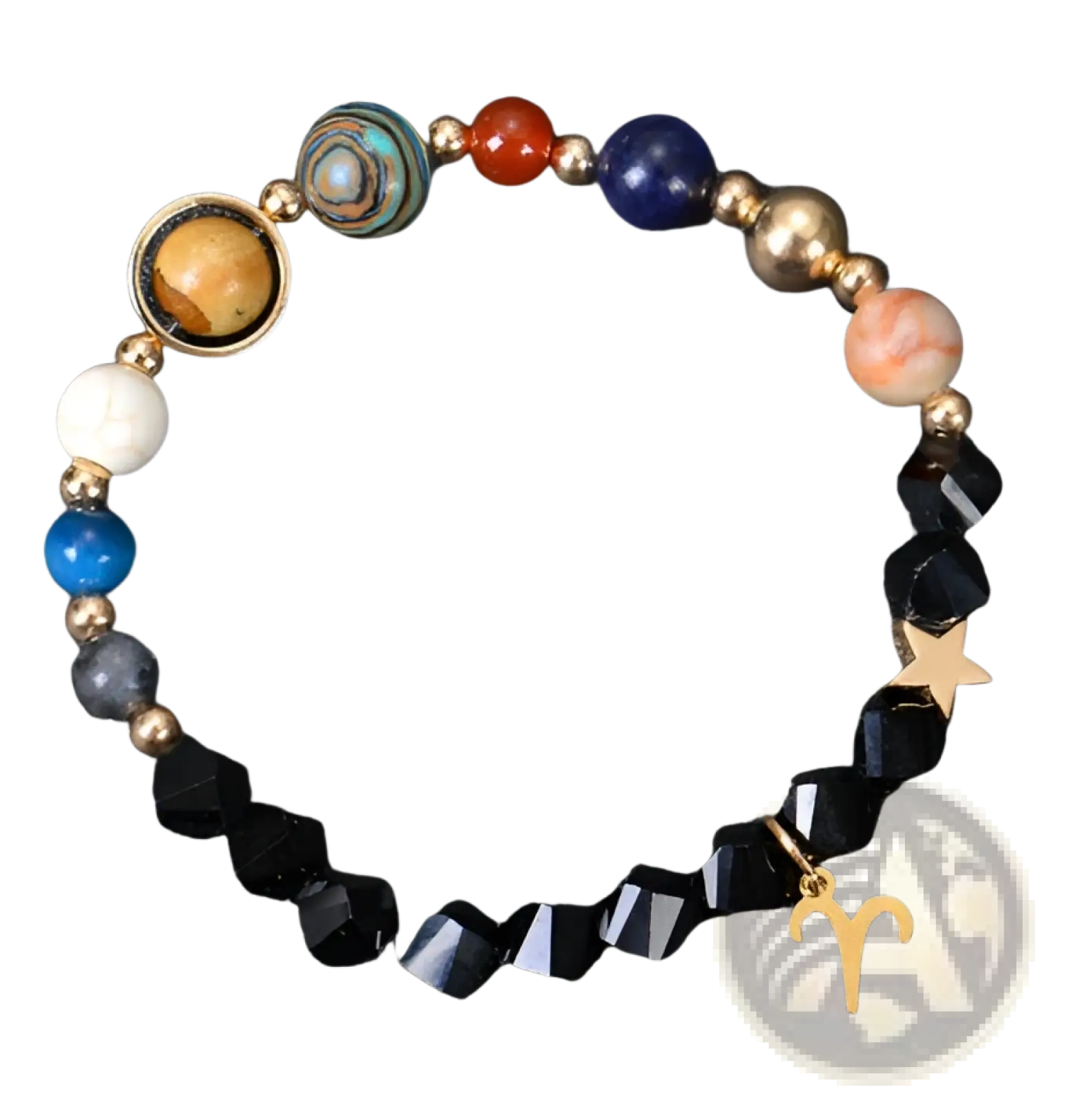 Aries-themed celestial zodiac planet matte stone beaded bracelet with black faceted beads gold zodiac charm and gemstone planets