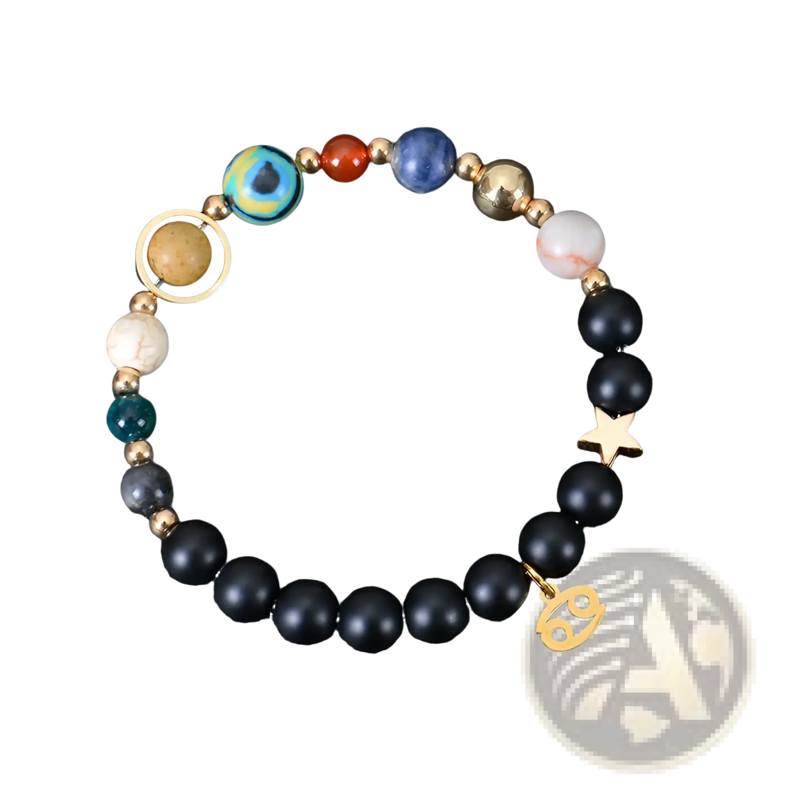 Celestial zodiac planet matte stone beaded bracelet with black matte beads gold cancer and star charms colorful gemstones
