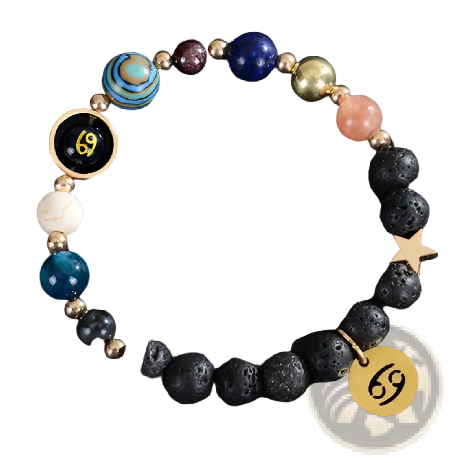 Celestial zodiac planet matte stone beaded bracelet with black lava rock beads colorful gemstones and cancer symbol charms