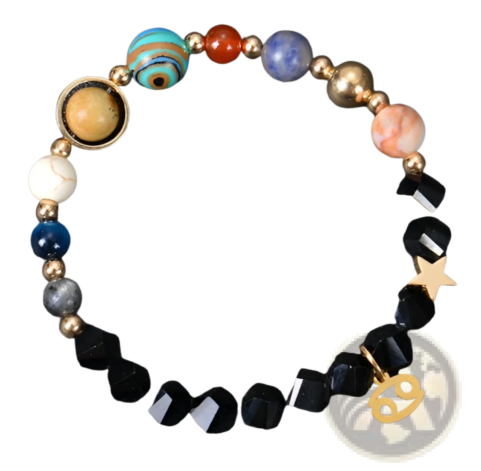 Celestial zodiac Cancer bead bracelet with colorful polished stones and gold-tone metallic charms in a matte finish
