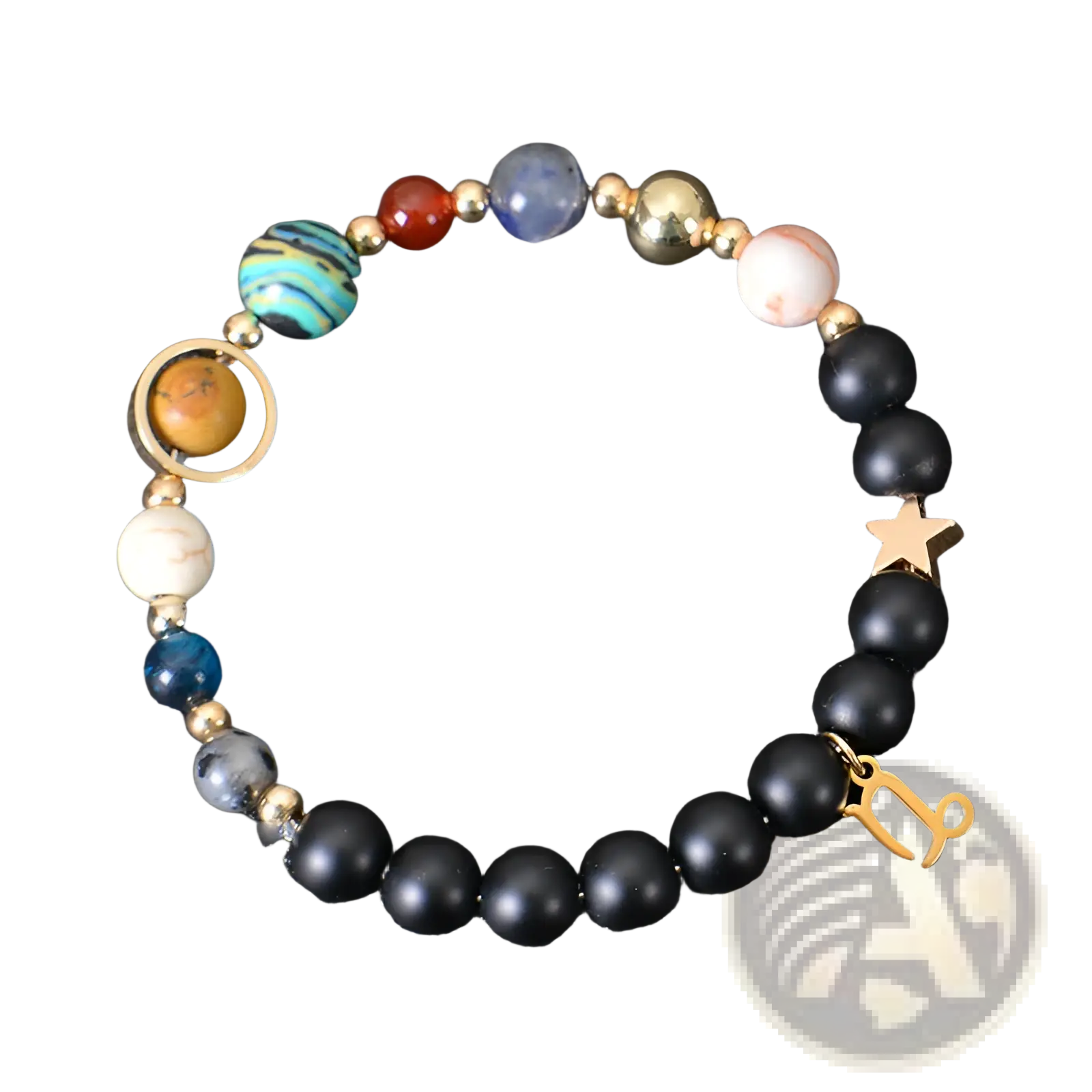 Celestial zodiac planet matte stone beaded bracelet with black matte beads colorful planet stones gold accents and star charm
