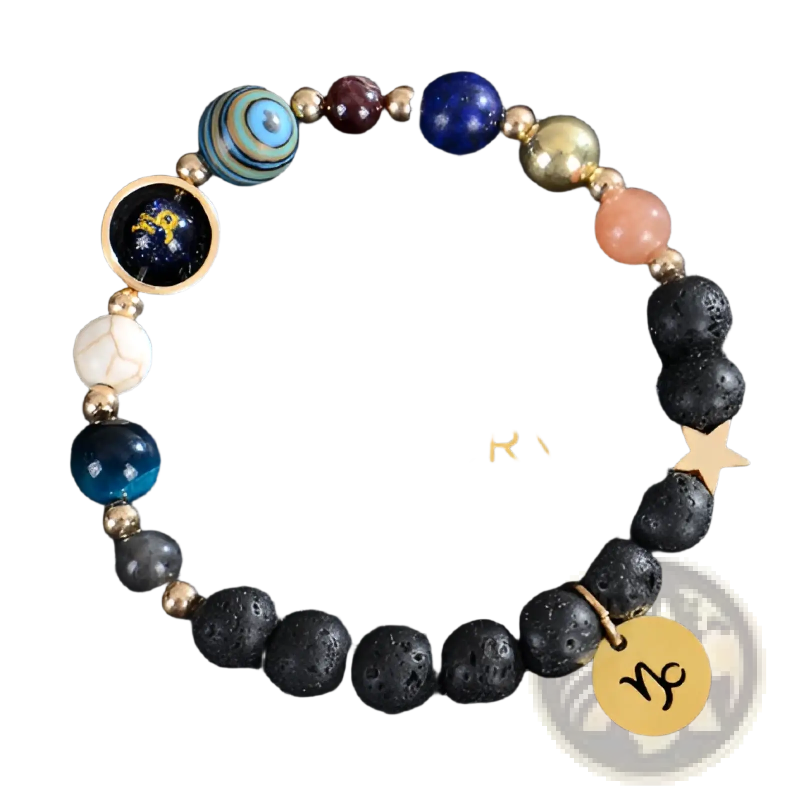 Capricorn celestial zodiac planet matte stone beaded bracelet with black lava rock, colorful cosmic glass beads, gold star charm
