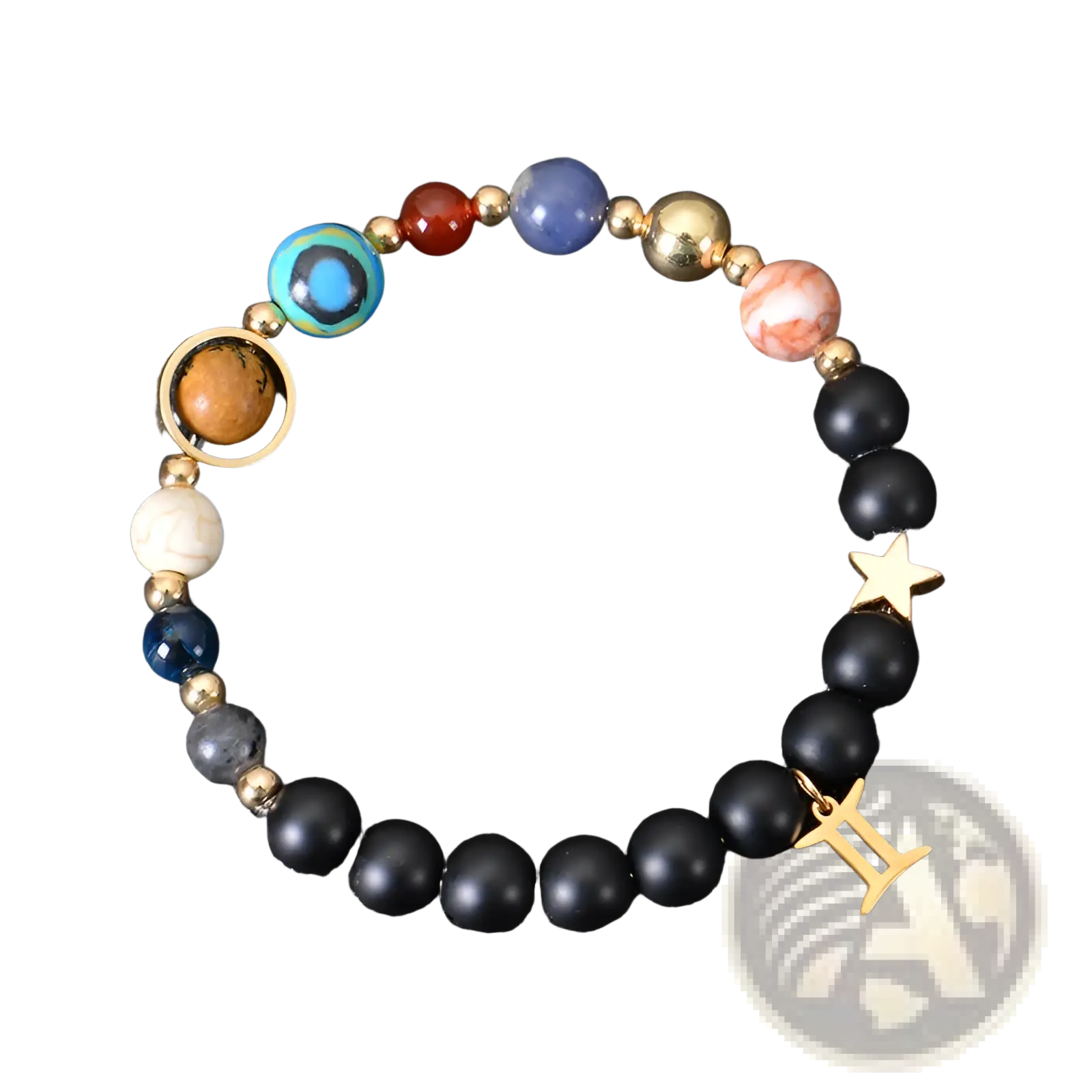Celestial zodiac planet matte stone beaded bracelet with black matte beads colorful gemstones and gold gemini charms