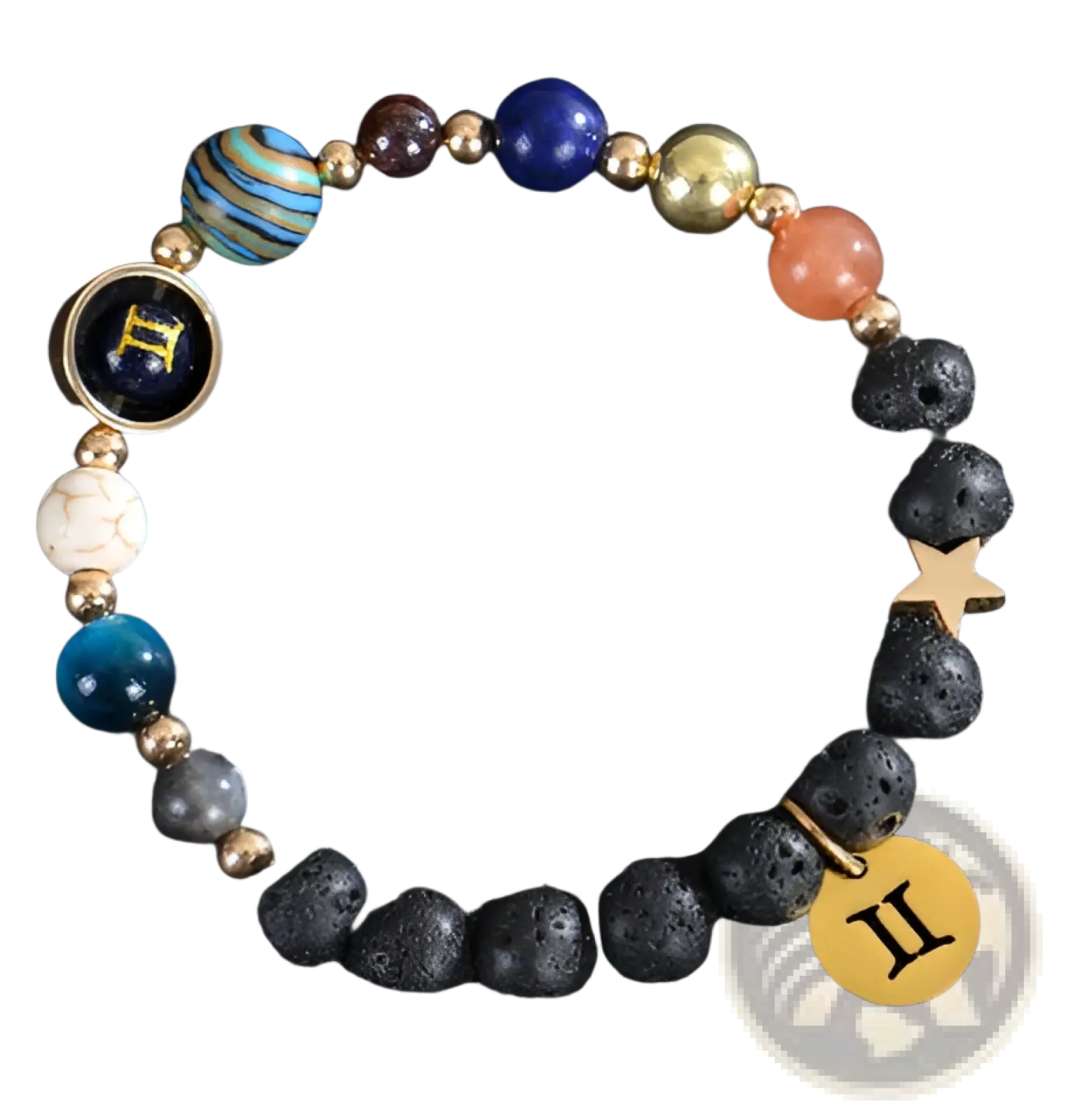 Celestial zodiac planet matte stone beaded bracelet with gemini gold charms black lava rock and blue lapis lazuli beads