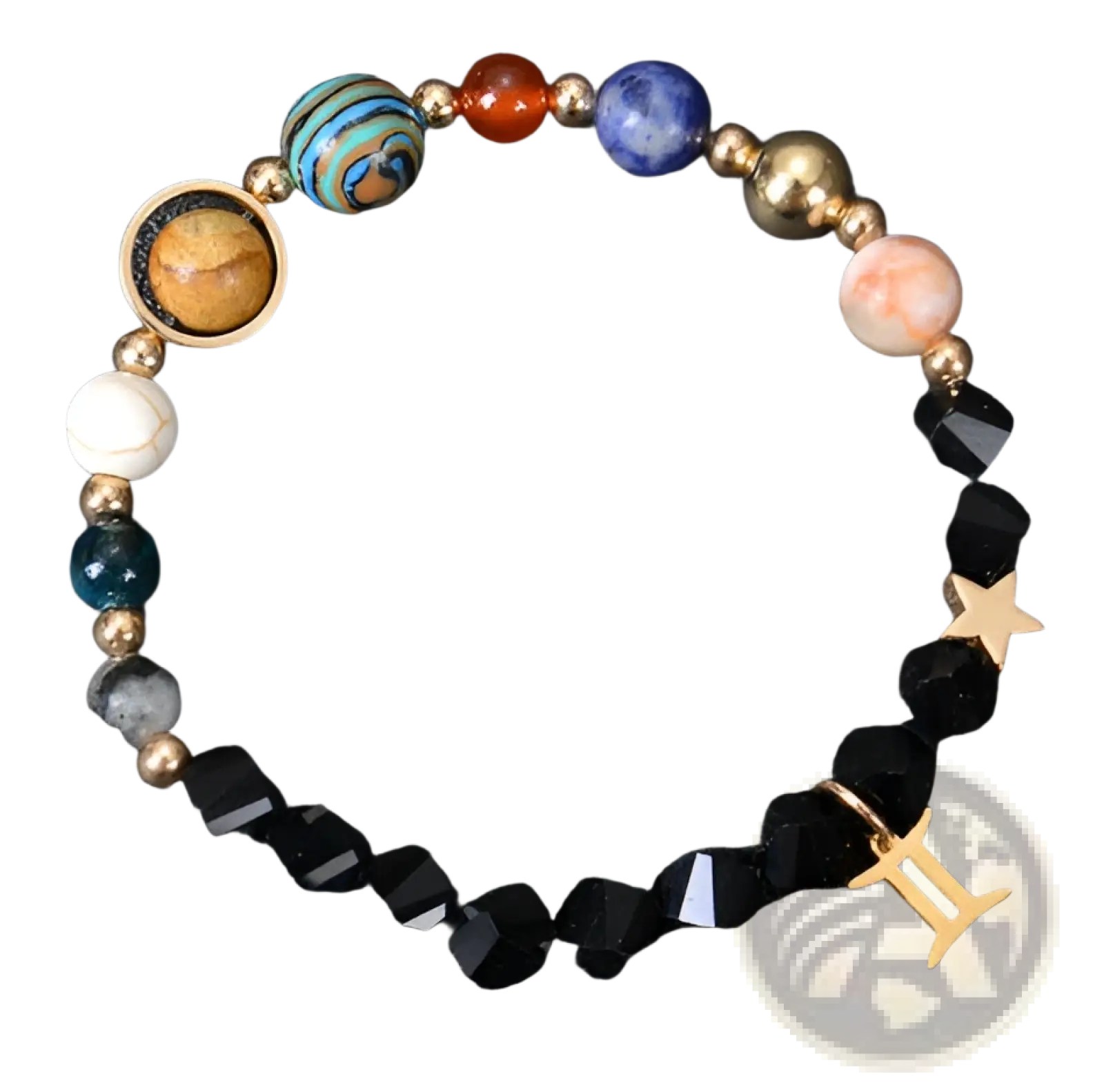 A black beaded matte stone Gemini bracelet with colorful planet charms and a gold zodiac symbol pendant