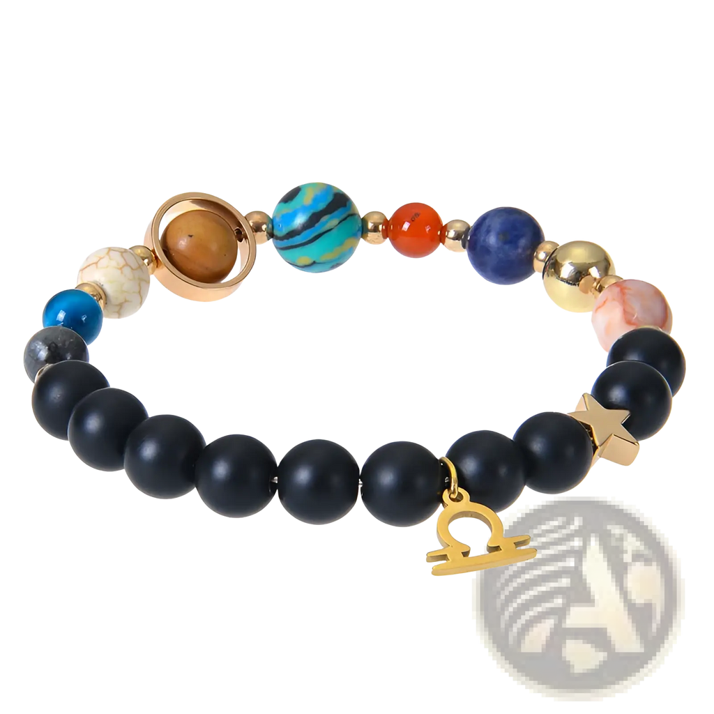 Celestial zodiac planet matte stone beaded bracelet with black matte beads colorful planet stones and gold libra charm