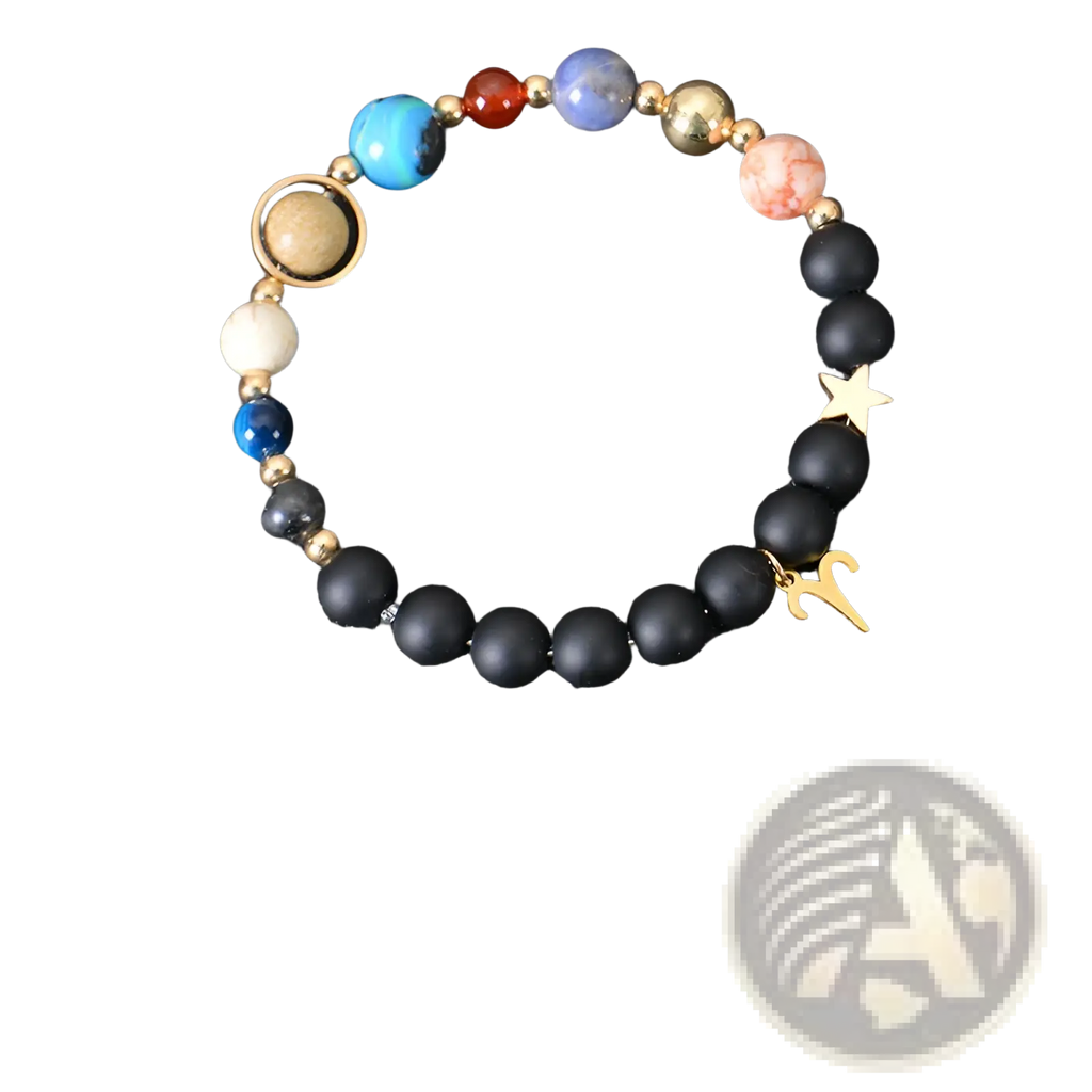 Celestial zodiac planet matte stone beaded bracelet with black matte beads colorful planet stones gold star charm and zodiac pendant