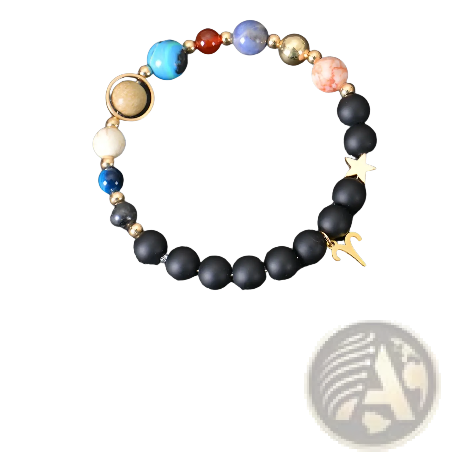 Celestial zodiac planet matte stone beaded bracelet with black matte beads colorful planet stones gold star charm and zodiac pendant