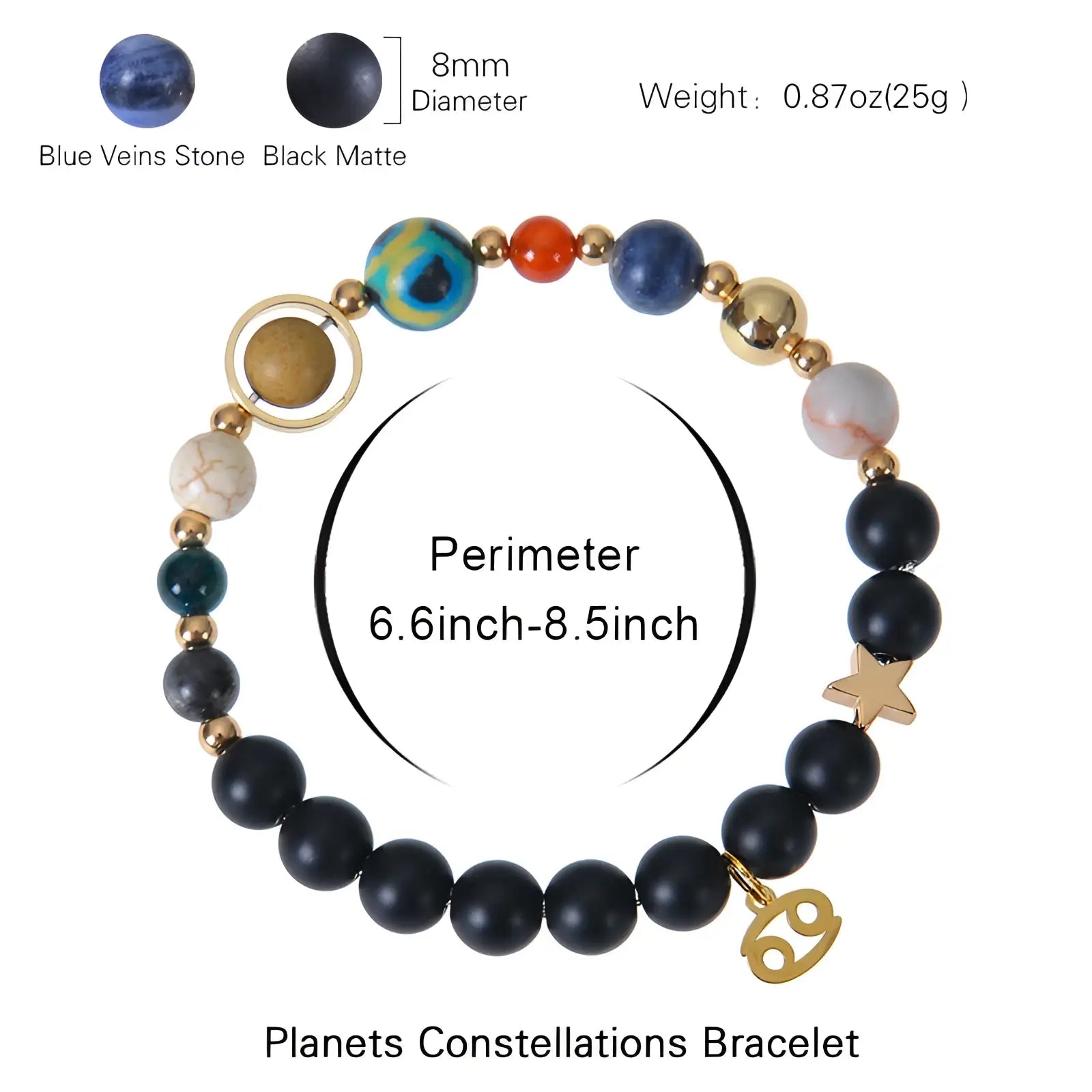 Celestial zodiac planet matte stone beaded bracelet with blue veined stones black beads and gold planet charms