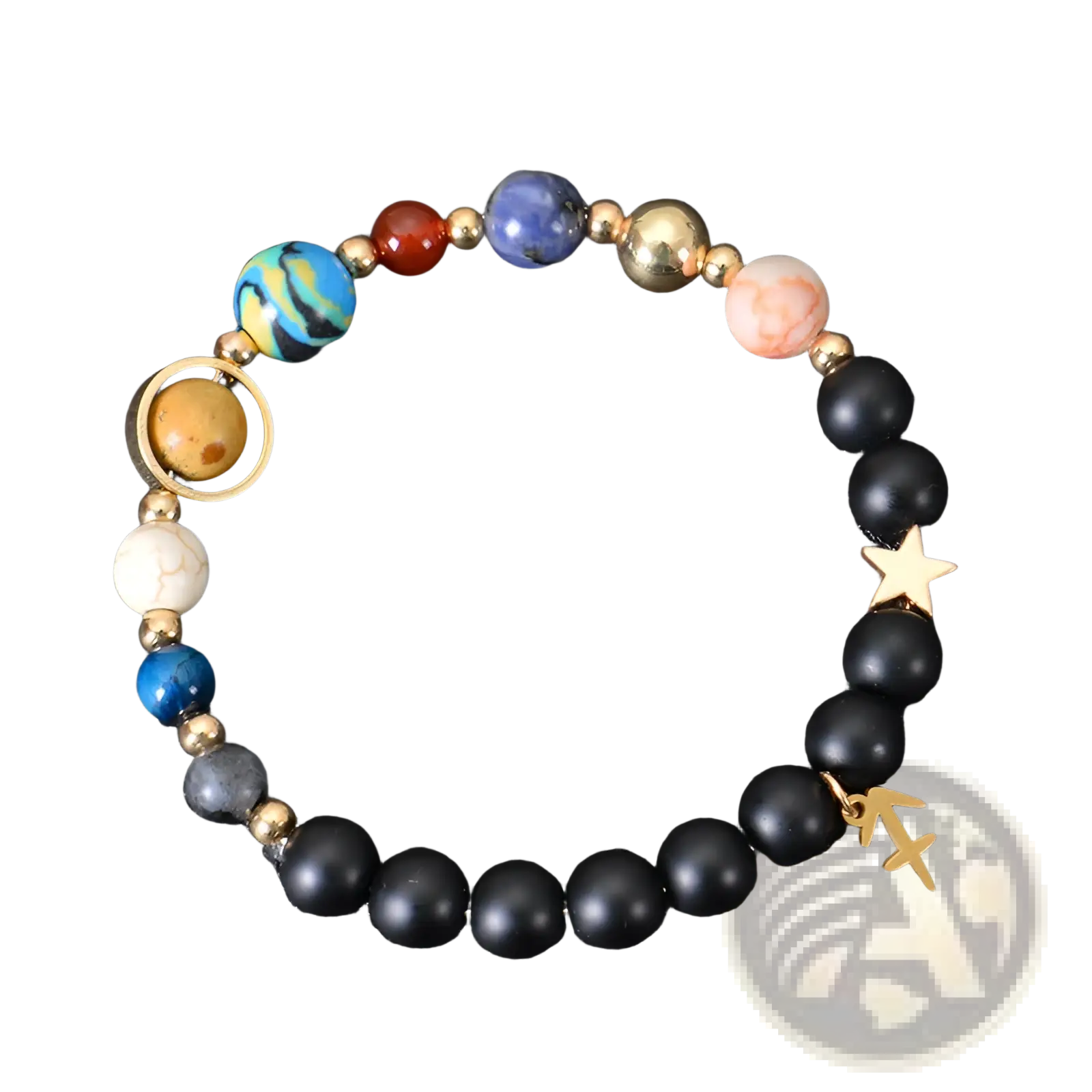 Celestial zodiac planet matte stone beaded bracelet with black beads, colorful planets, golden star charm, and Sagittarius pendant